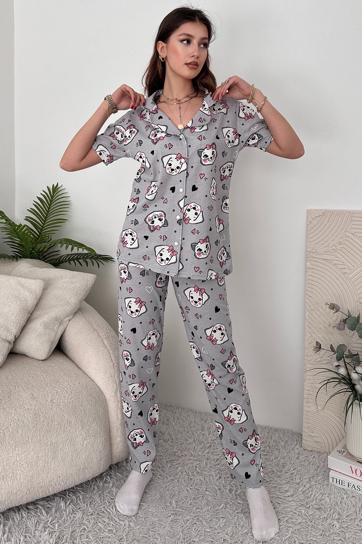 Gri Pamuklu Kadın Pijama Takımı