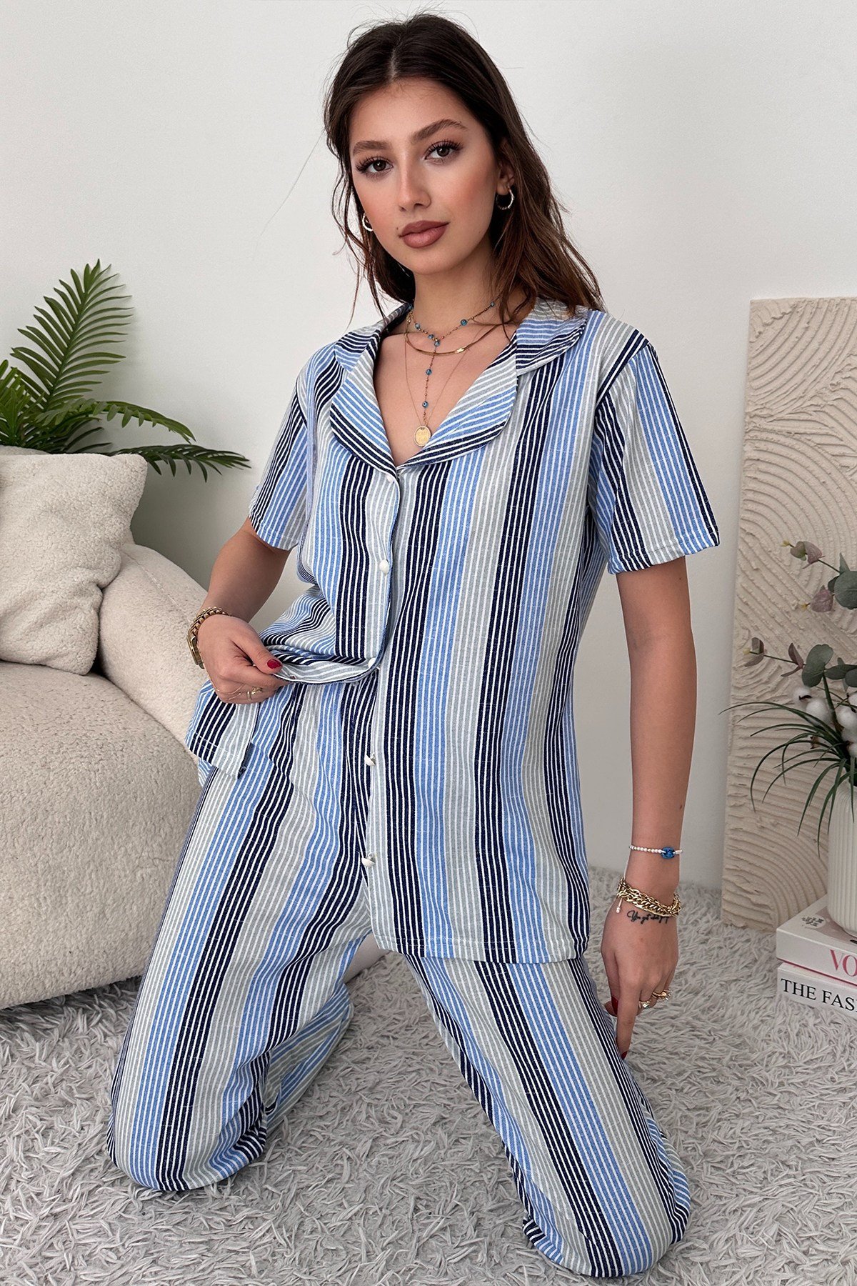 Gri Pamuklu Kadın Pijama Takımı