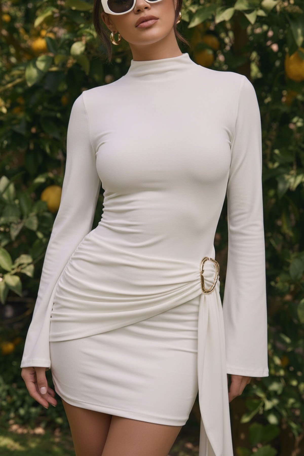 Kadın Dik Yaka Yandan Drape ve Toka Detaylı Mini Elbise
