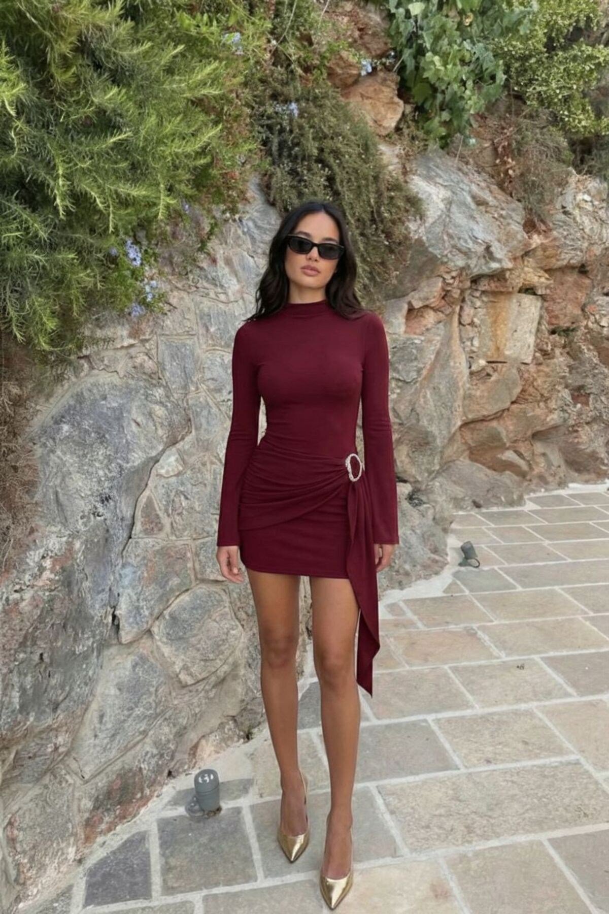 Kadın Dik Yaka Yandan Drape ve Toka Detaylı Mini Elbise