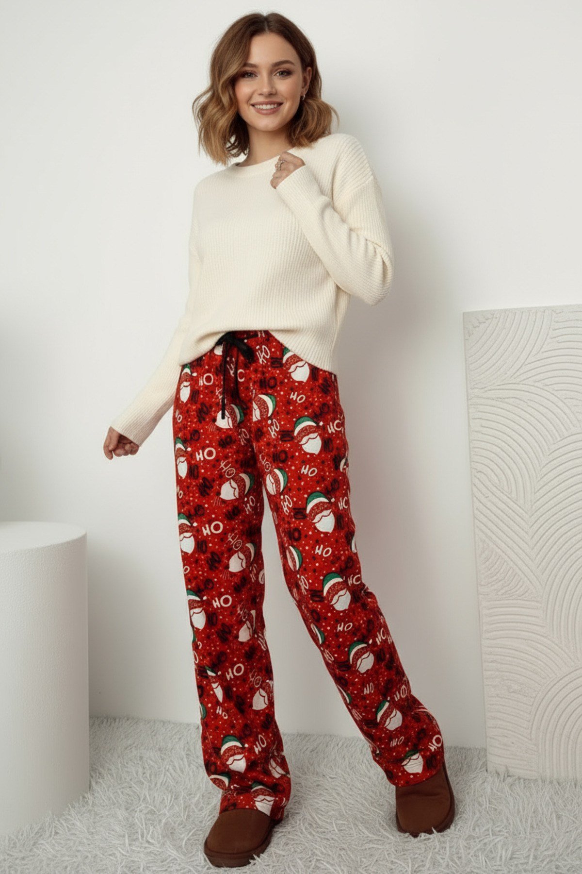 Kadın Kahverengi Leopar Desenli Süet Kumaş Pijama Pantolon