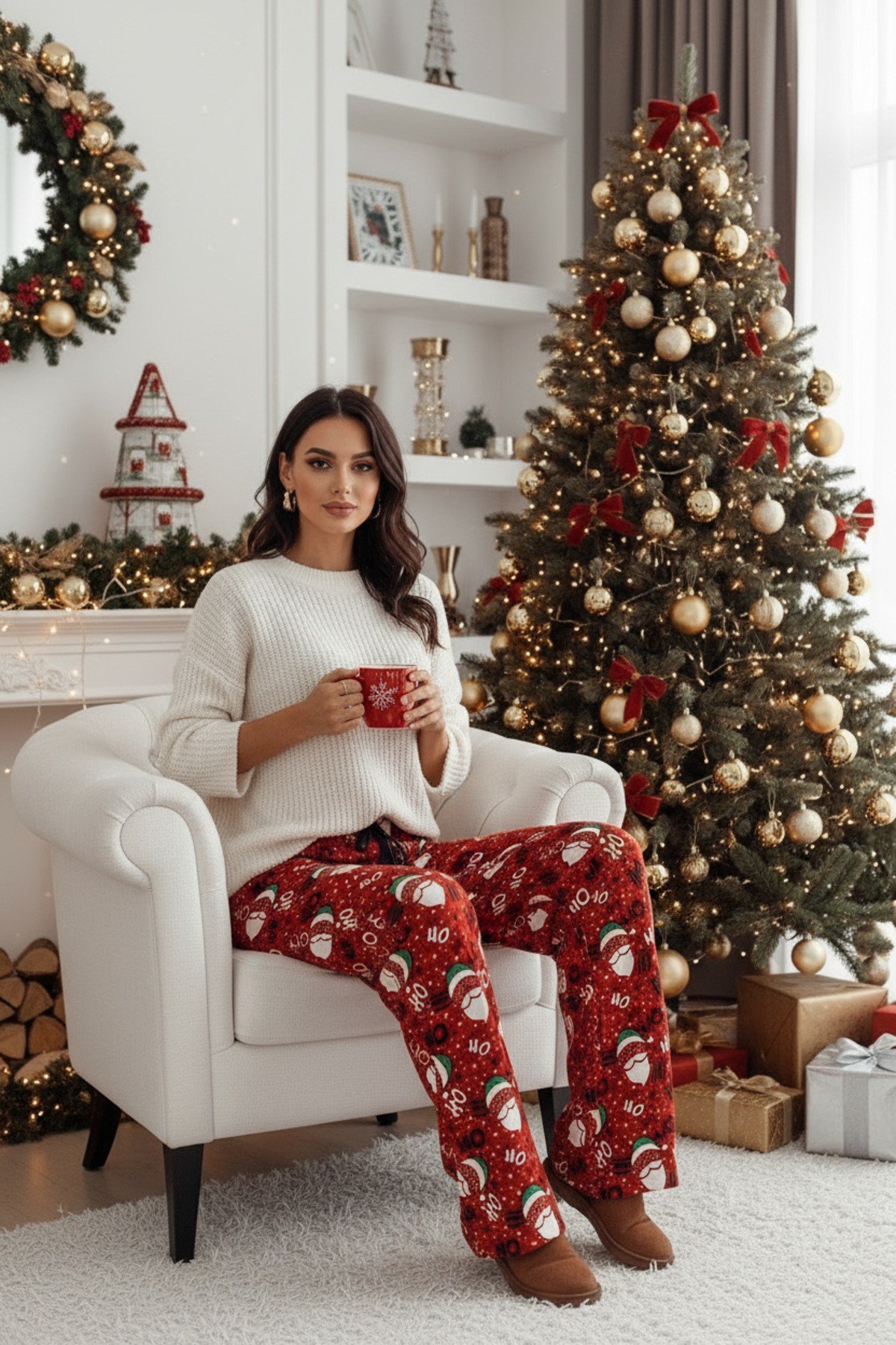 Kadın Kahverengi Leopar Desenli Süet Kumaş Pijama Pantolon