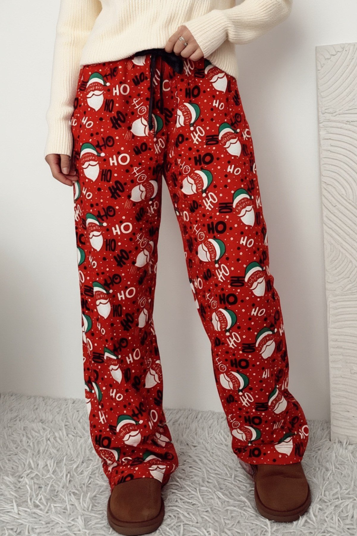 Kadın Kahverengi Leopar Desenli Süet Kumaş Pijama Pantolon