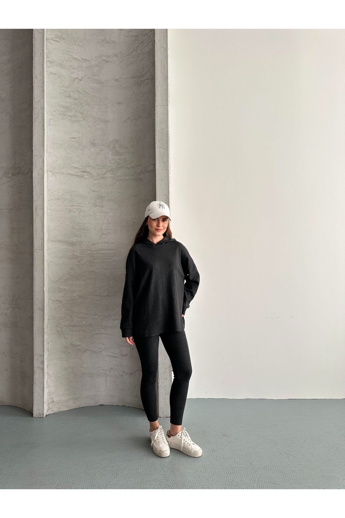 Kadın Kapüşonlu Tunik Yüksek Bel Tayt İkili Takım