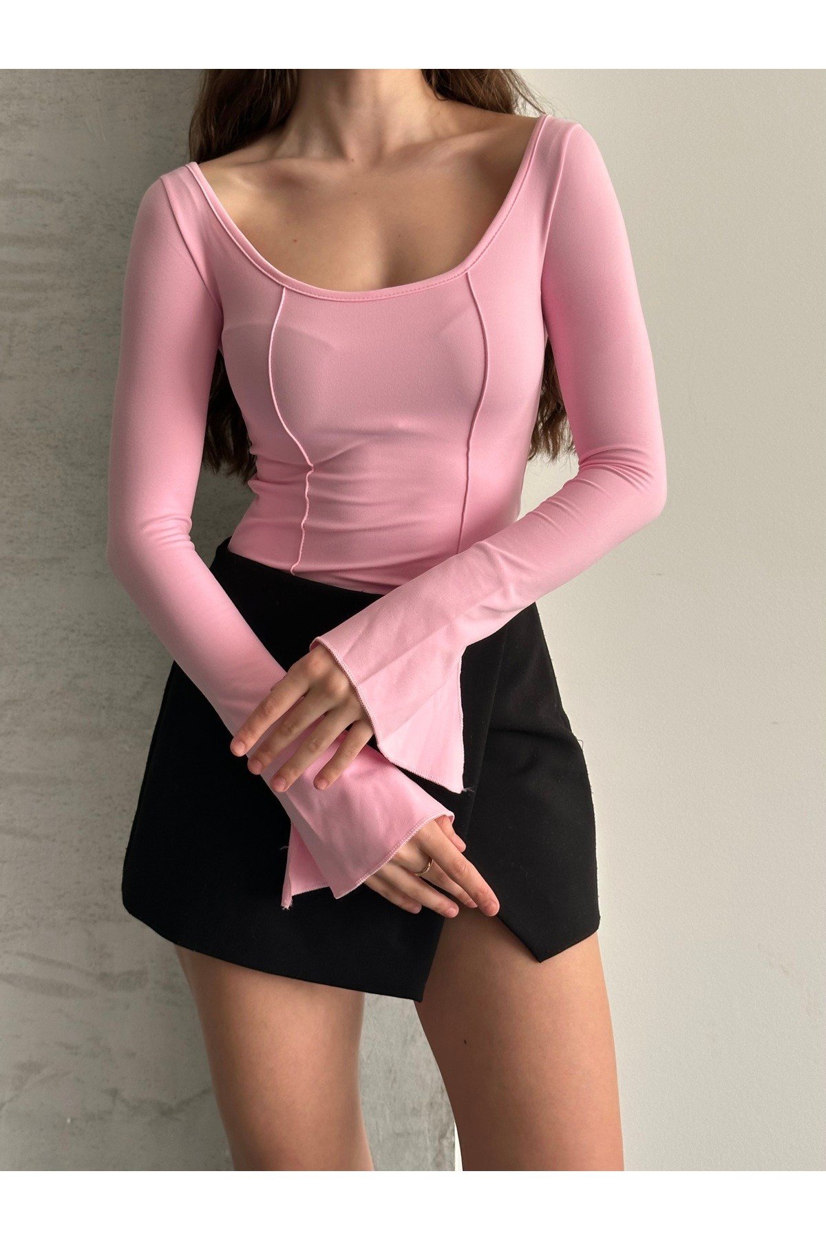 Kadın Modal Kumaş Kolu Yırtmaçlı Sırt Dekolteli Body