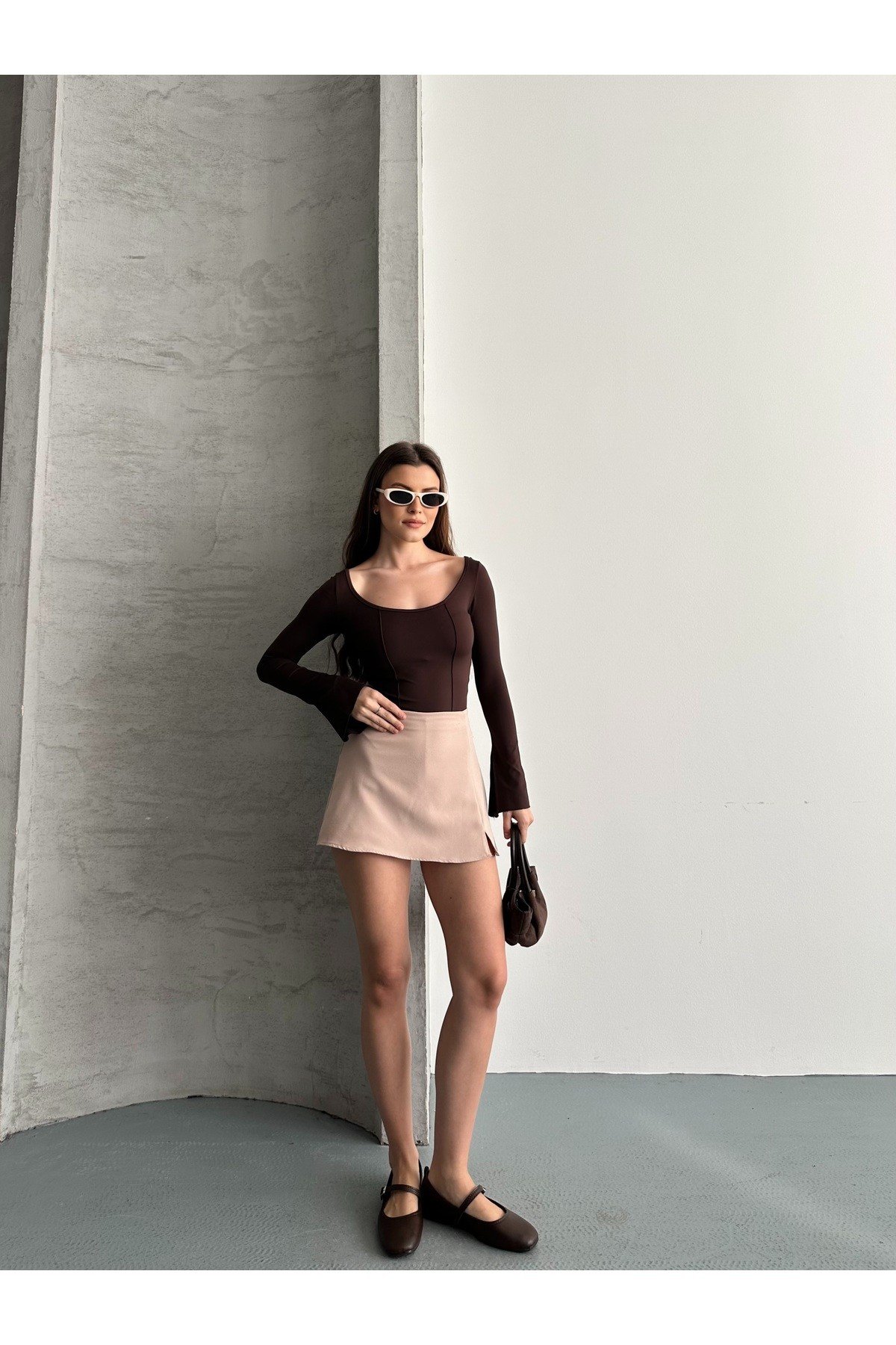 Kadın Modal Kumaş Kolu Yırtmaçlı Sırt Dekolteli Body