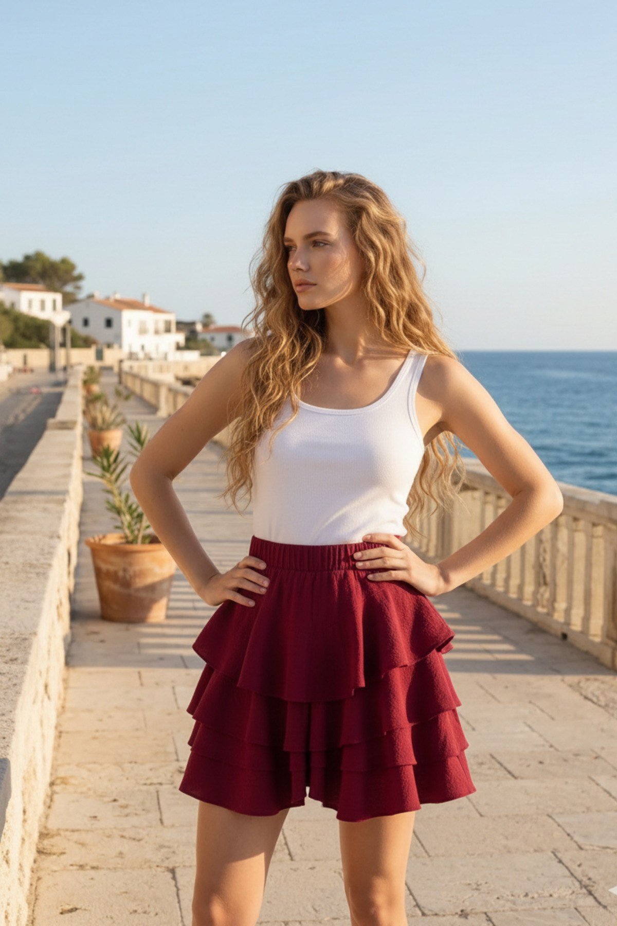 Kadın Mykonos Katlı Mini Etek