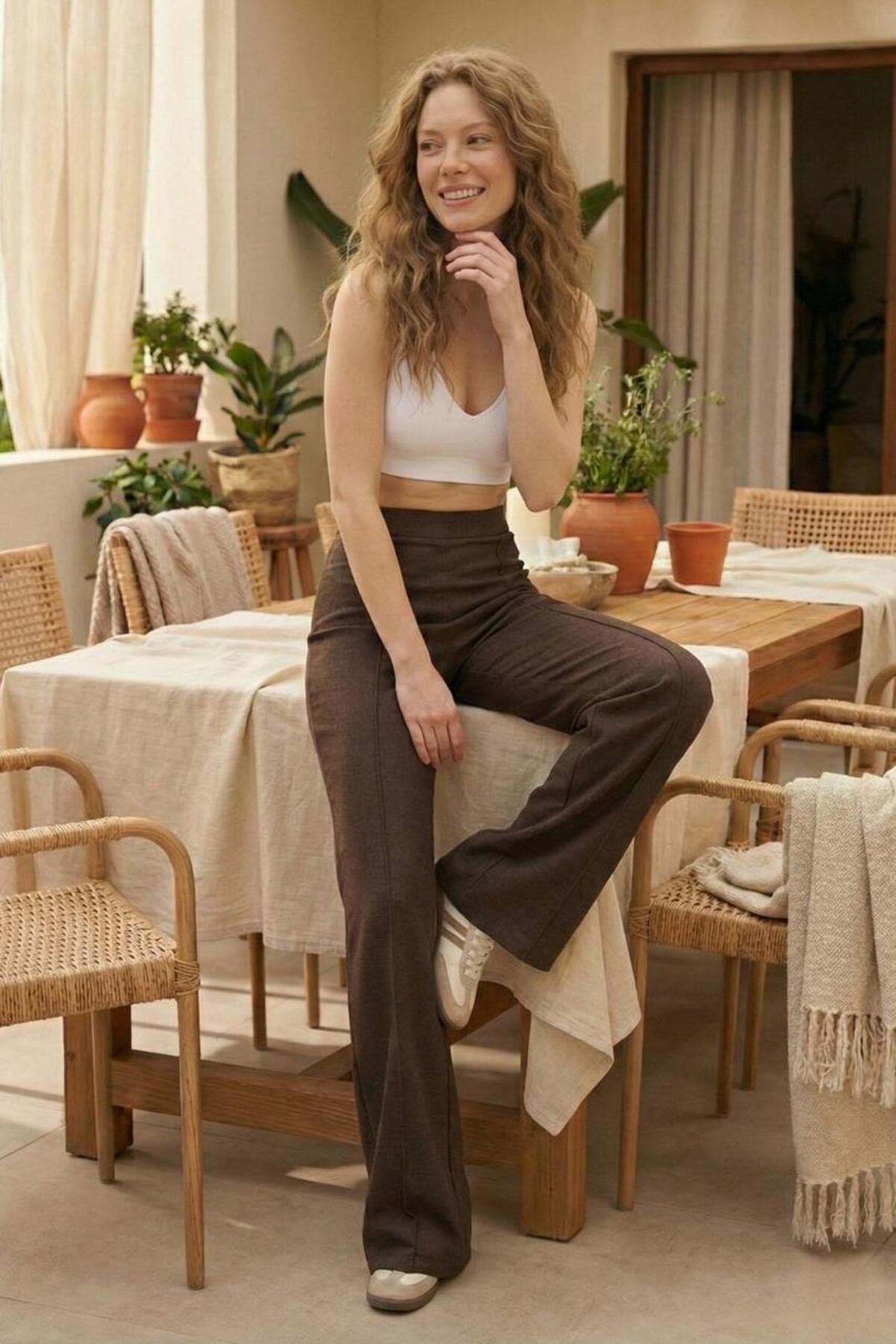 Kadın Selanik Kumaş Beli Lastikli Çimalı Pantolon