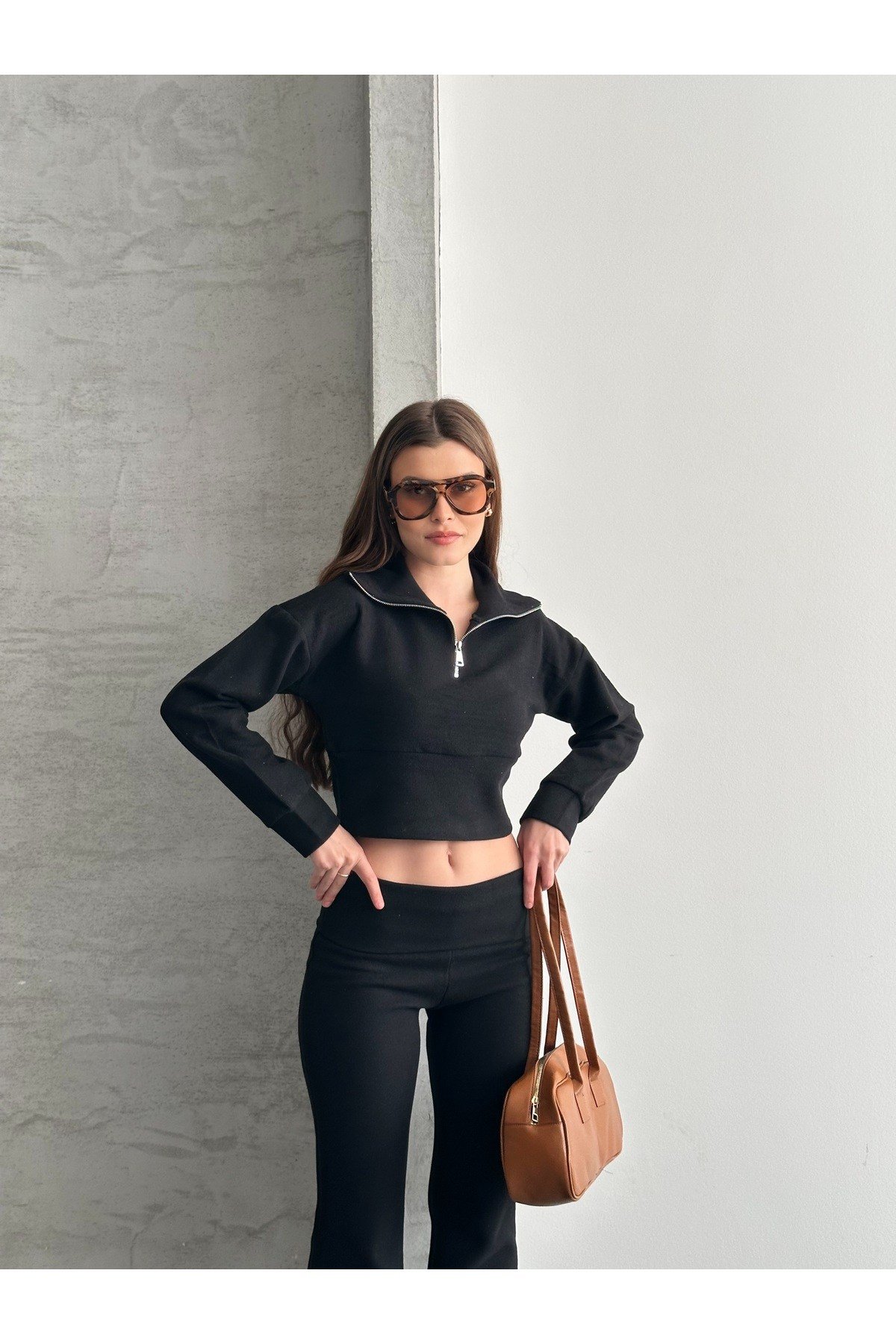 Kadın Selanik Kumaş Dik Yakalı Yarım Fermuarlı Crop Takım