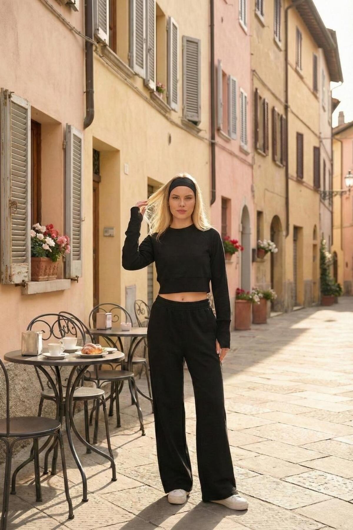 Kadın Selanik Kumaş Reglan Kollu Parmak Geçirmeli Crop Takım