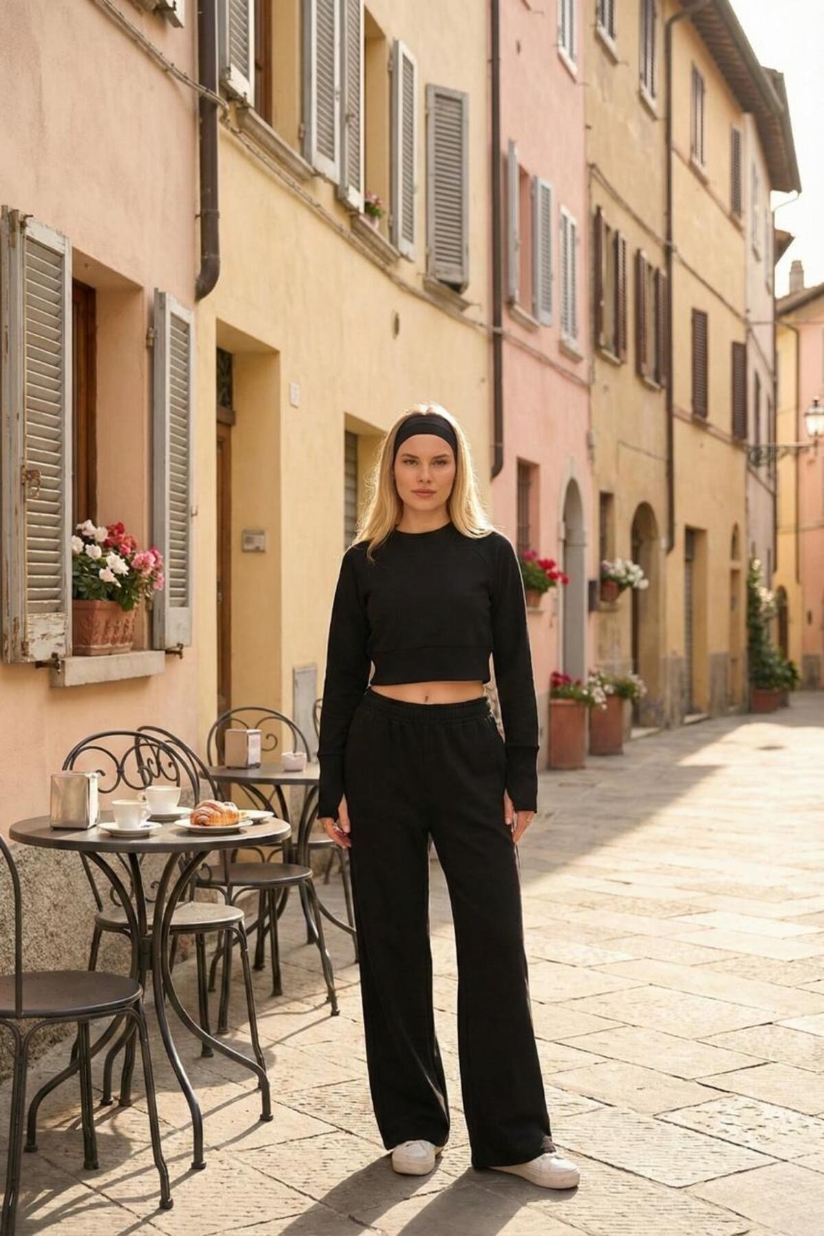 Kadın Selanik Kumaş Reglan Kollu Parmak Geçirmeli Crop Takım