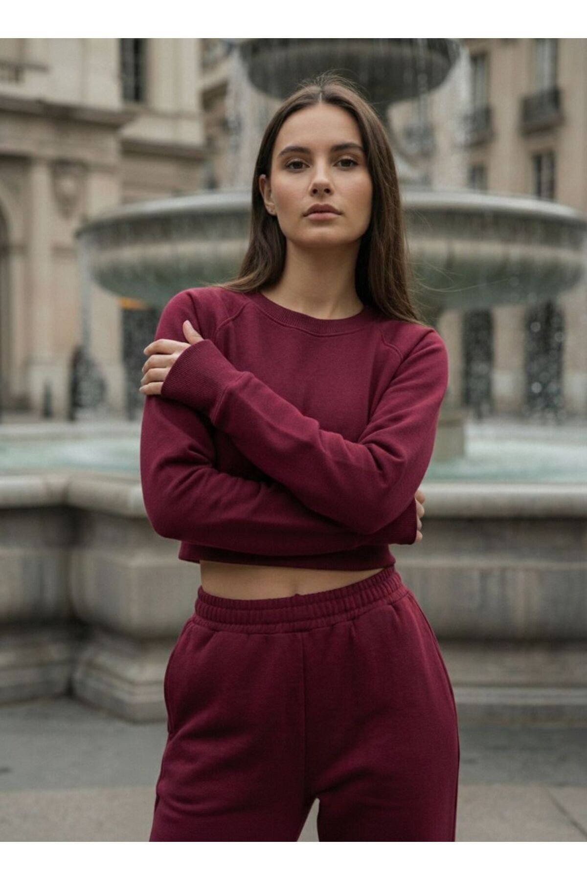 Kadın Selanik Kumaş Reglan Kollu Parmak Geçirmeli Crop Takım