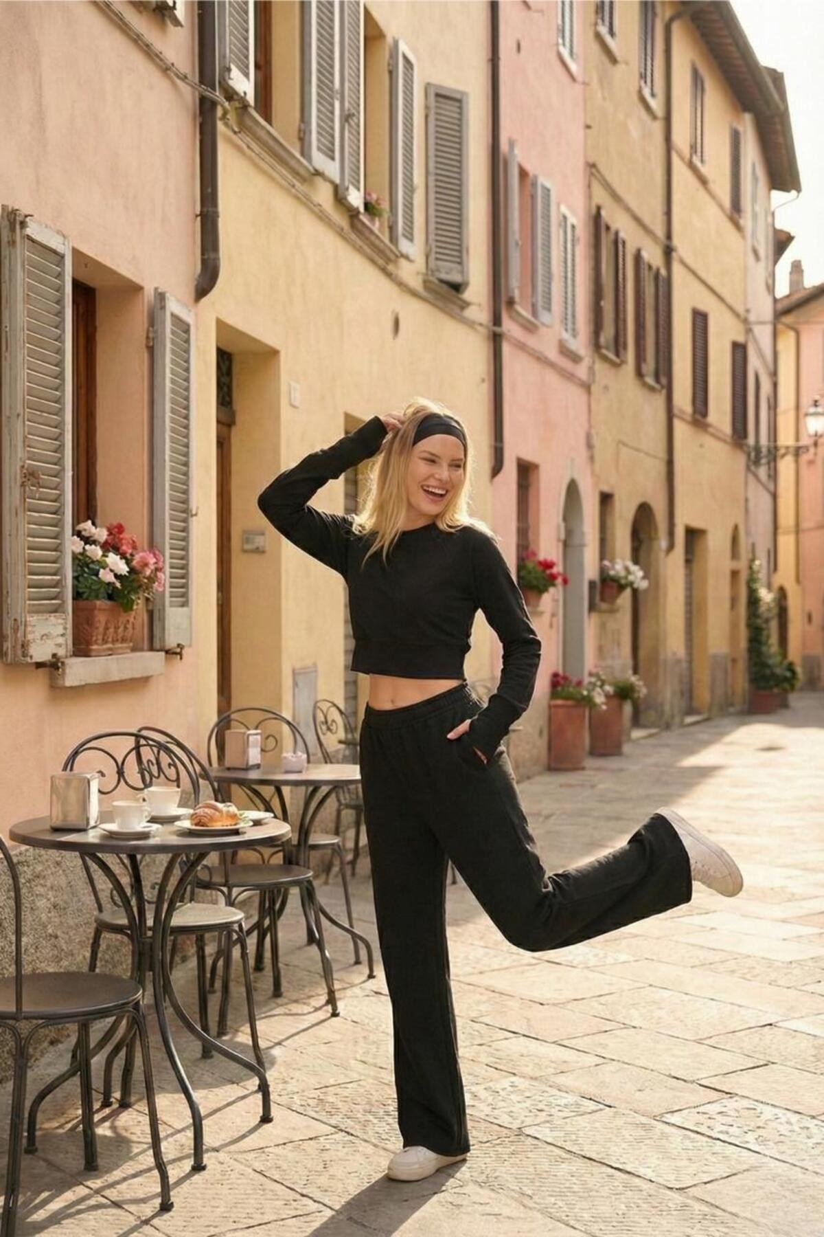 Kadın Selanik Kumaş Reglan Kollu Parmak Geçirmeli Crop Takım