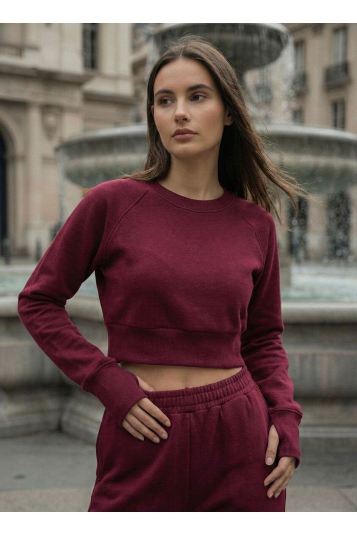 Kadın Selanik Kumaş Reglan Kollu Parmak Geçirmeli Crop Takım