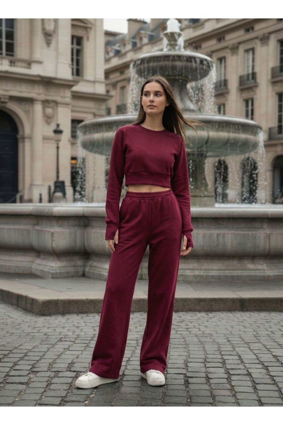 Kadın Selanik Kumaş Reglan Kollu Parmak Geçirmeli Crop Takım