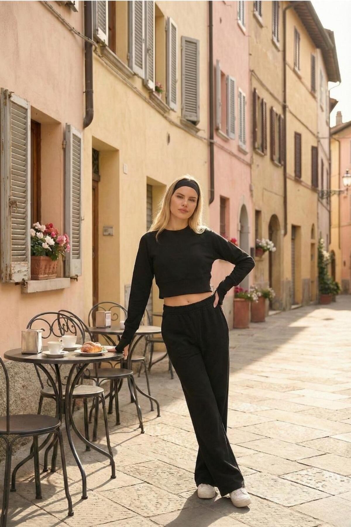 Kadın Selanik Kumaş Reglan Kollu Parmak Geçirmeli Crop Takım