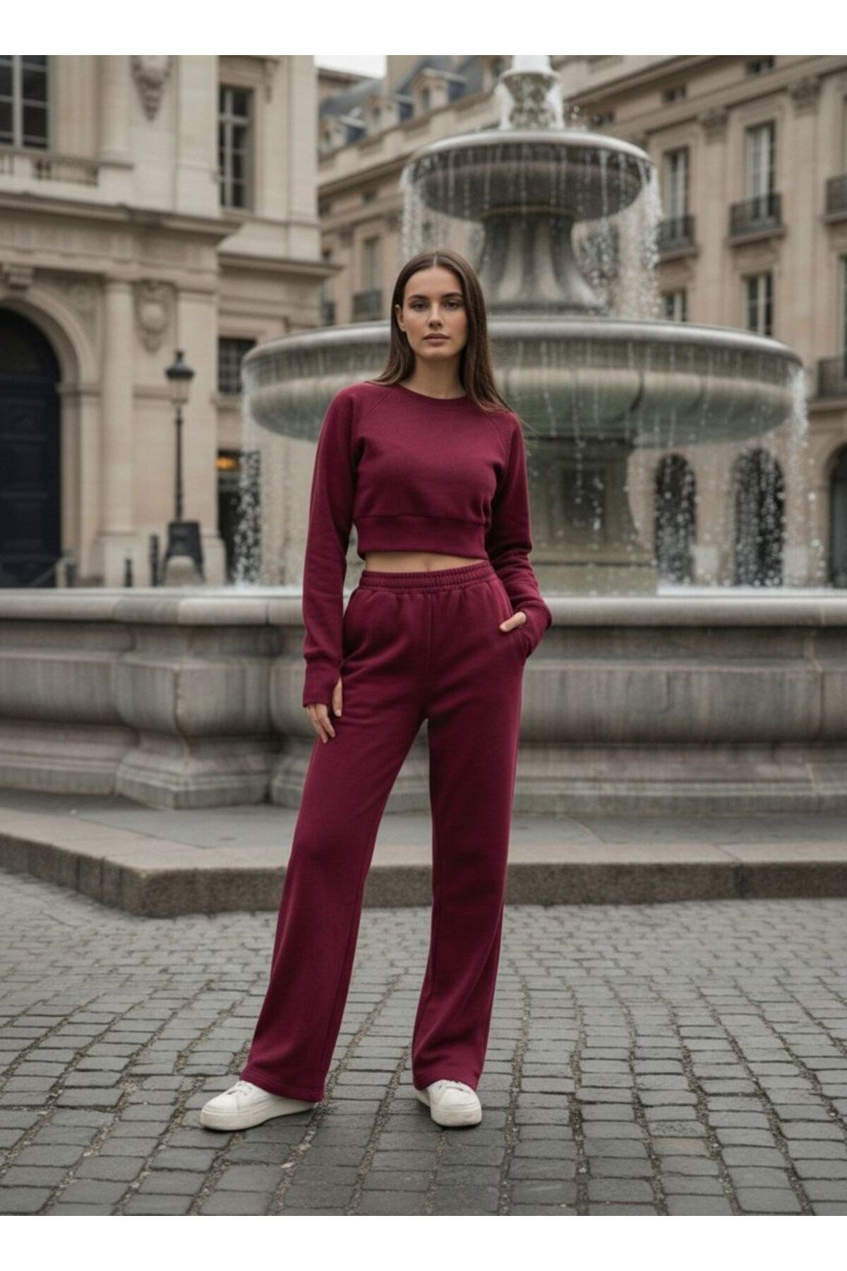 Kadın Selanik Kumaş Reglan Kollu Parmak Geçirmeli Crop Takım