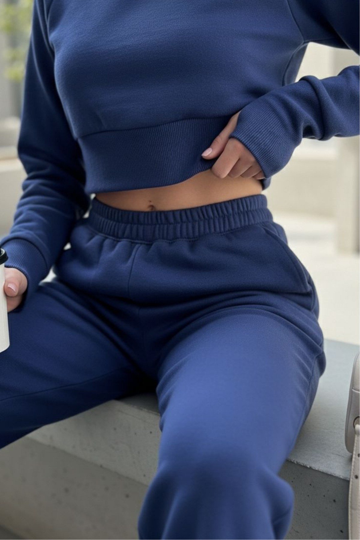 Kadın Selanik Kumaş Reglan Kollu Parmak Geçirmeli Crop Takım