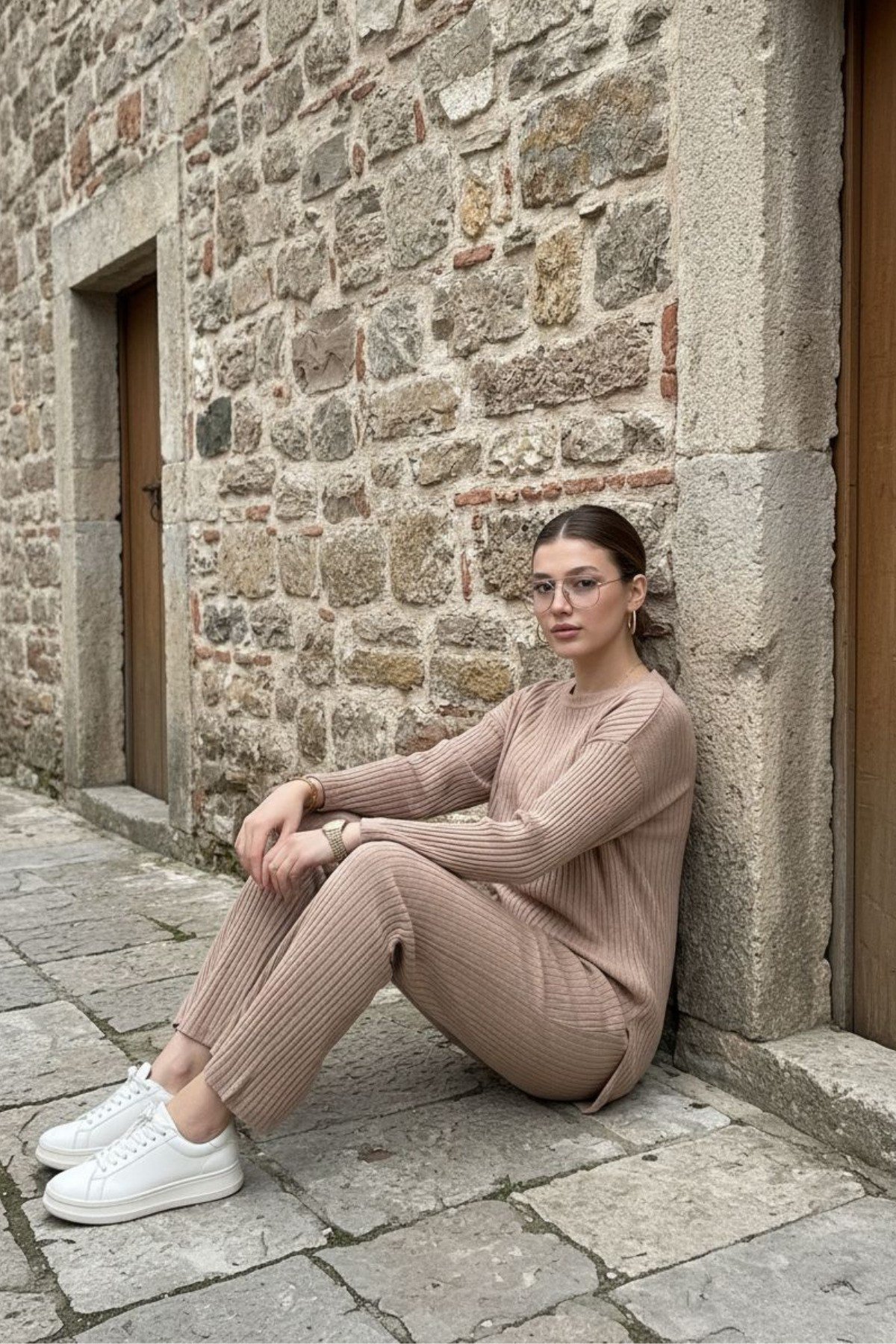 Kadın Üst Yırtmaçlı Bluz Alt Lastikli Pantolon Pamuklu Fitilli İkili Takım