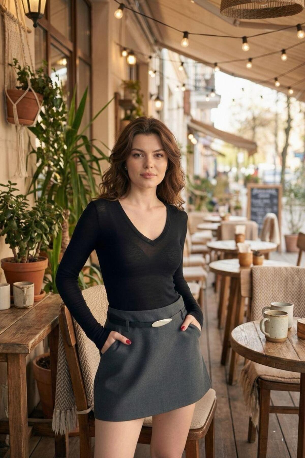 Kadın V Yaka Transparan Uzun Kollu Bluz