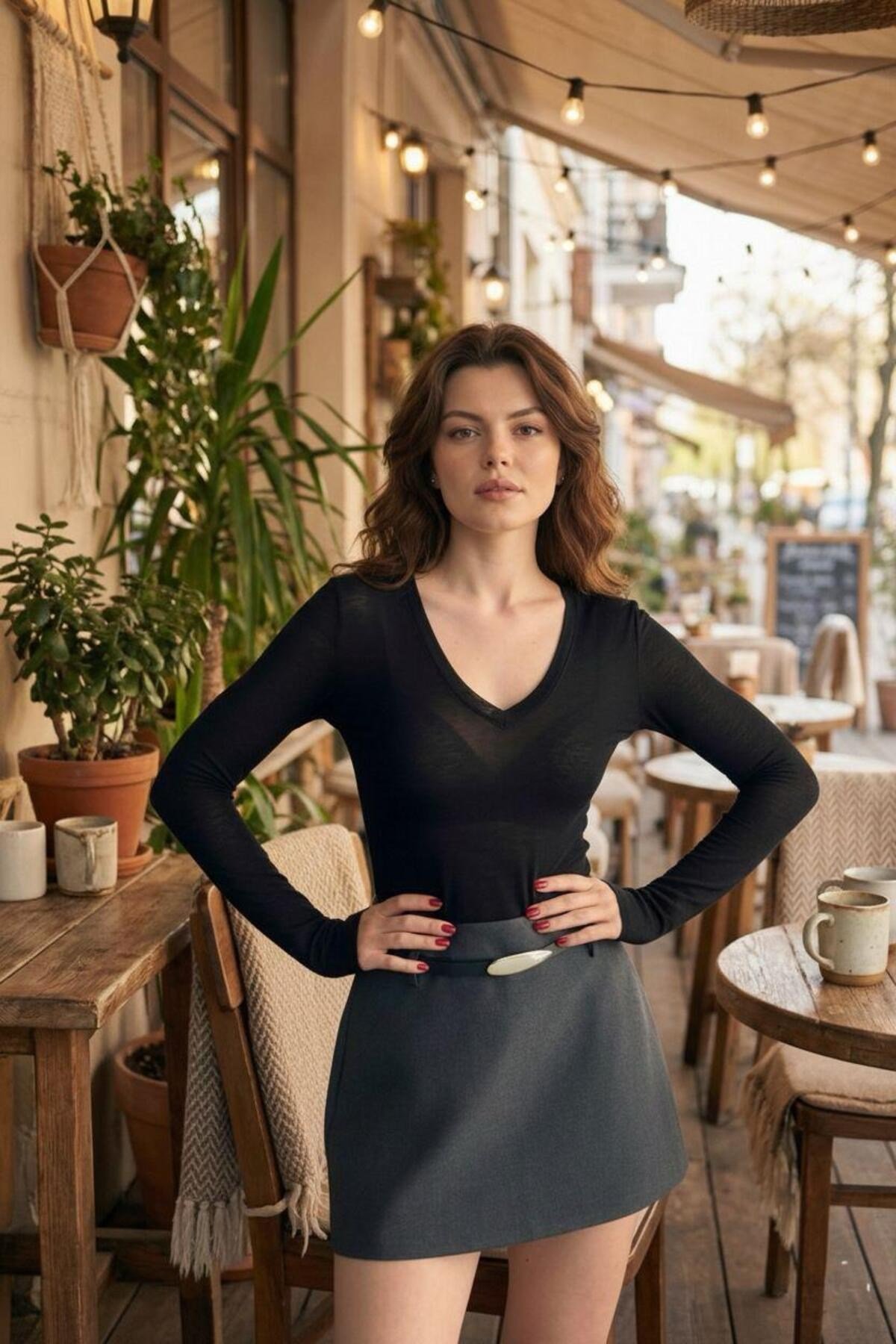 Kadın V Yaka Transparan Uzun Kollu Bluz