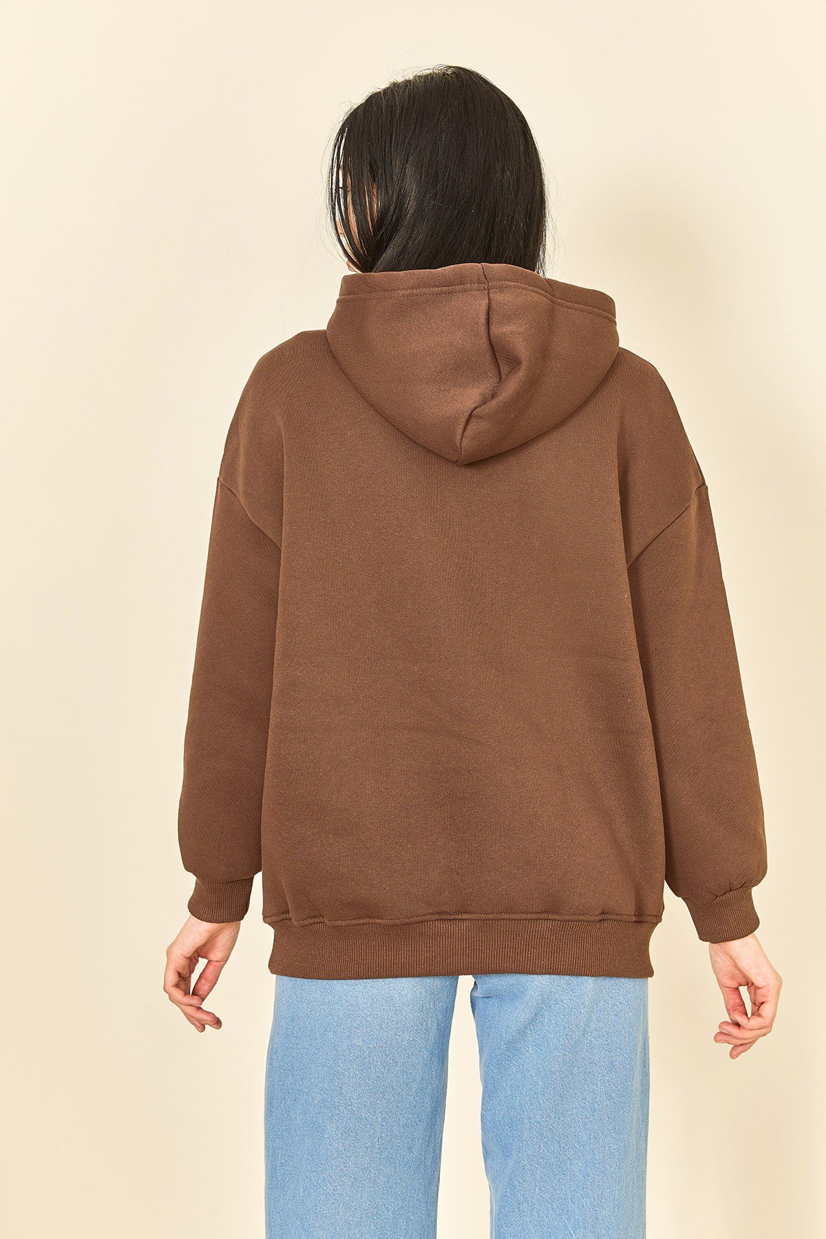 Kahverengi Baskı Ve Nakış Detaylı Üç İplik Kadın Sweatshirt