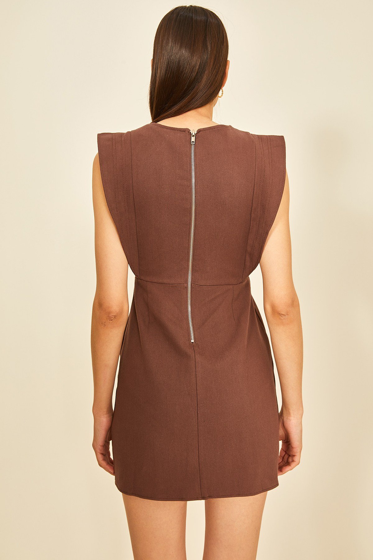 Kahverengi Gabardin Mini Elbise