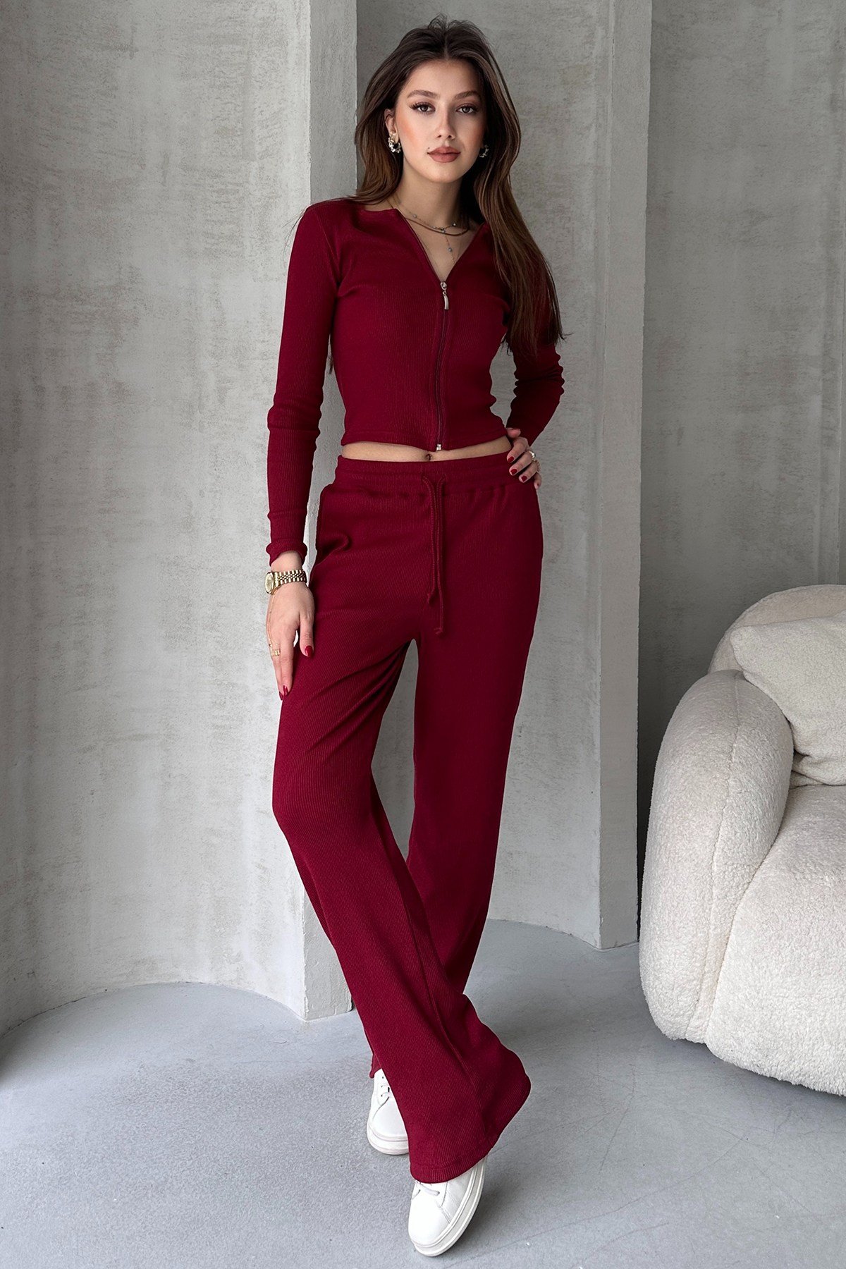 Kaşkorse Pantolon Fermuarlı Bluz Kadın Alt Üst Takım