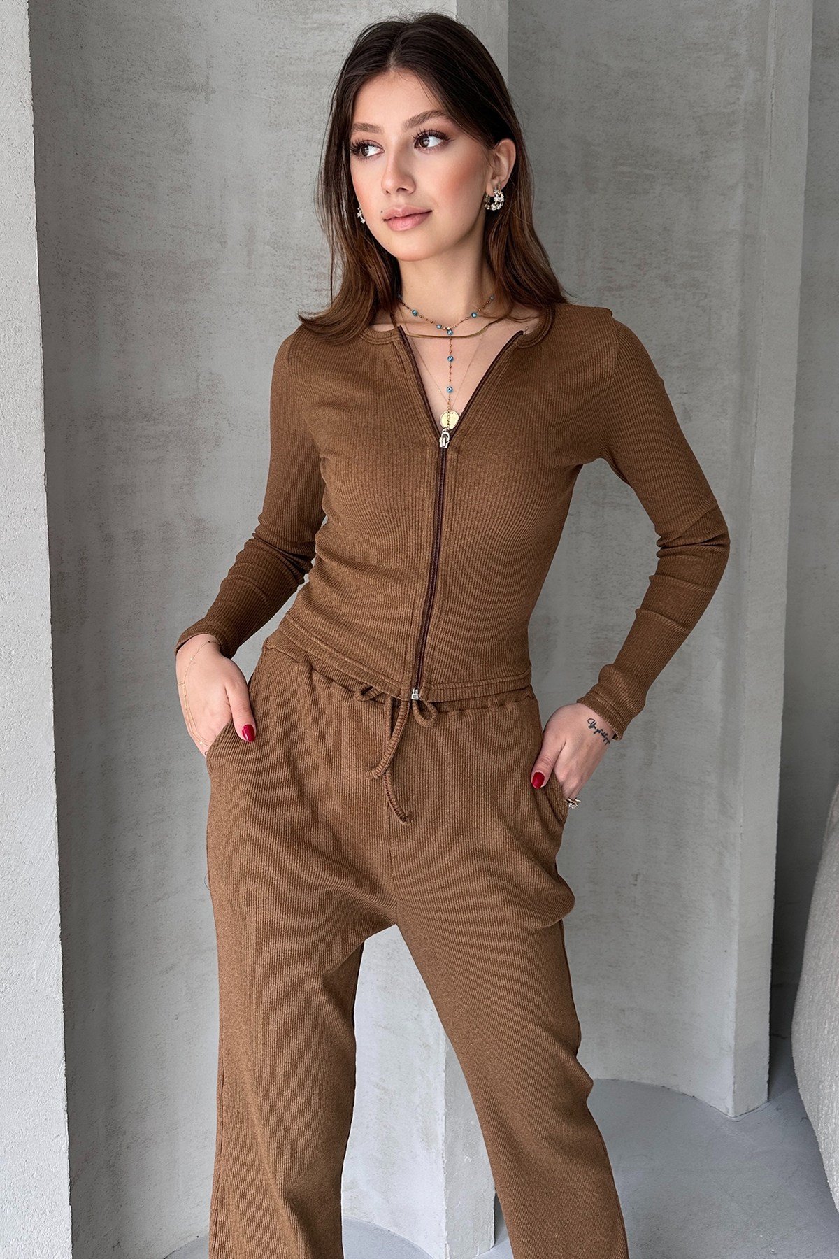 Kaşkorse Pantolon Fermuarlı Bluz Kadın Alt Üst Takım