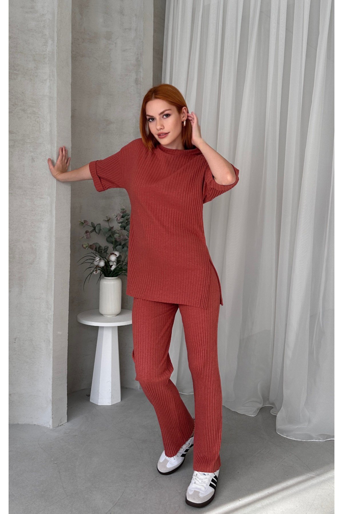 Kiremit Kadın Pamuklu Kısa Kollu Fitilli Bluz Pantolon Takım