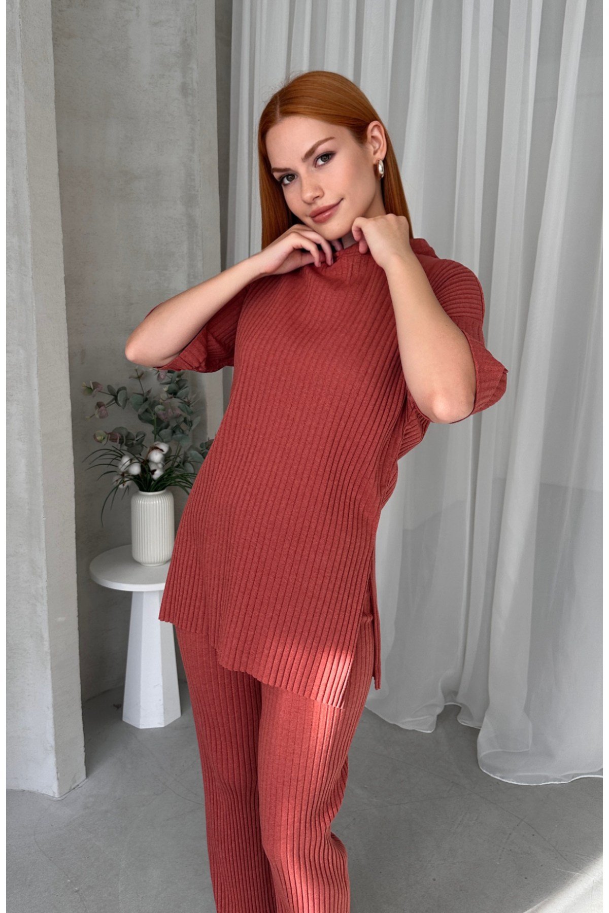Kiremit Kadın Pamuklu Kısa Kollu Fitilli Bluz Pantolon Takım