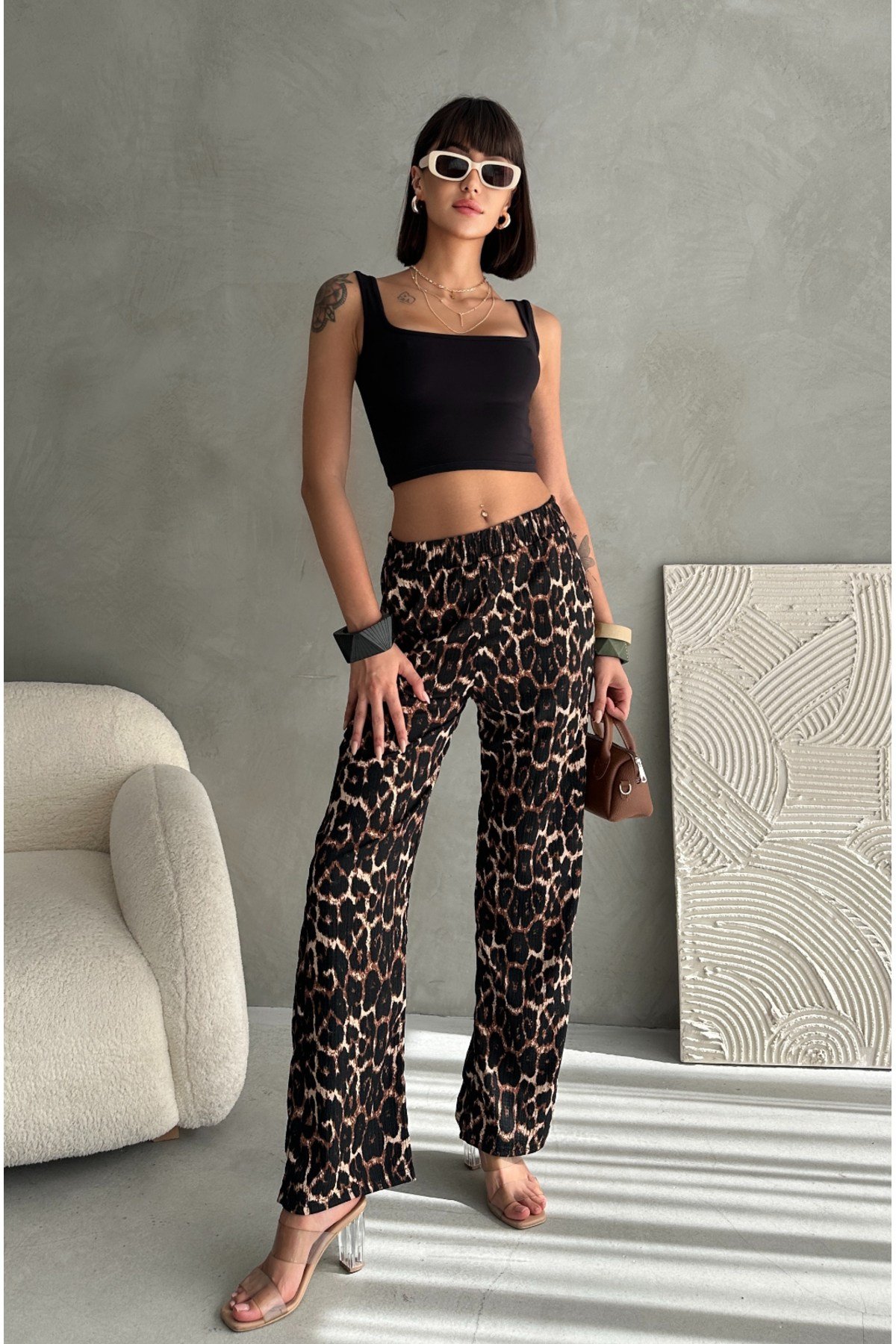 Leopar Desenli Bürümcük Kumaş Pantolon