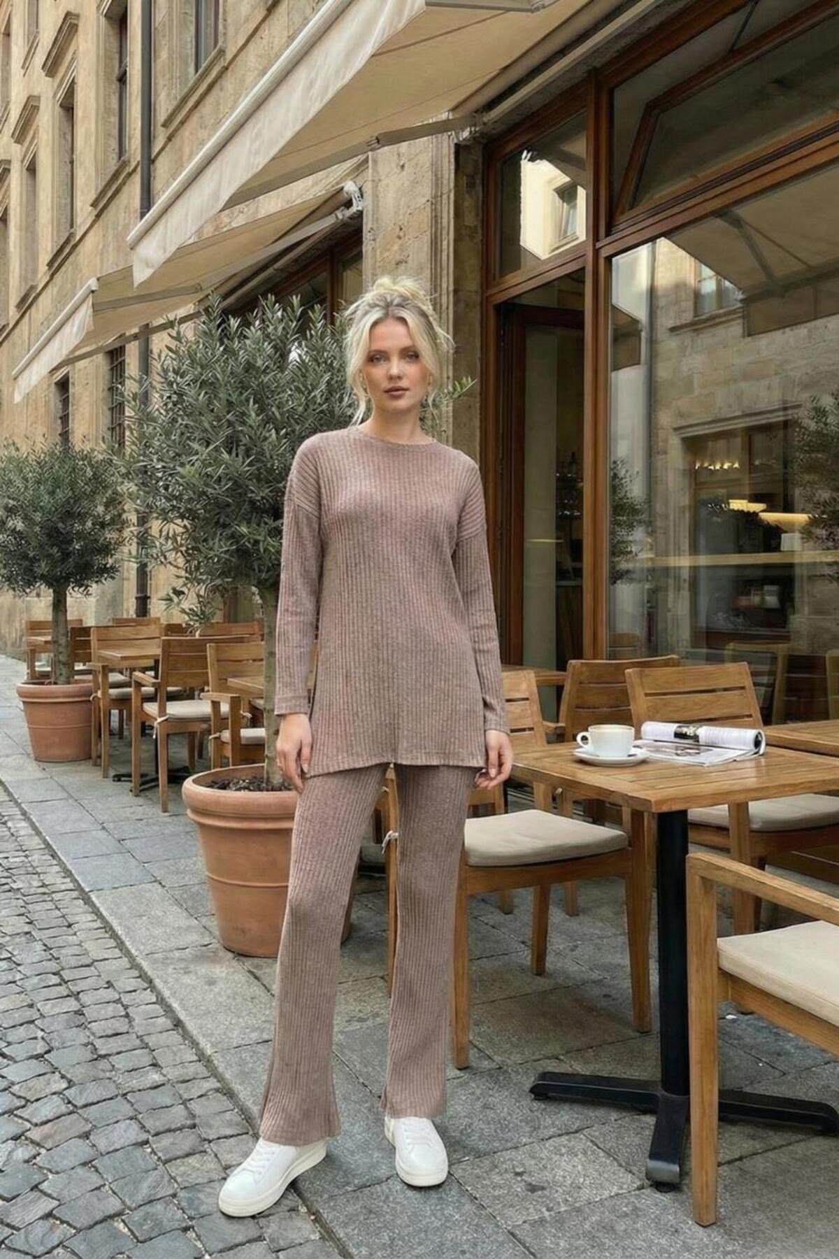 Pamuklu Fitilli Kadın Bluz Pantolon İkili Takım