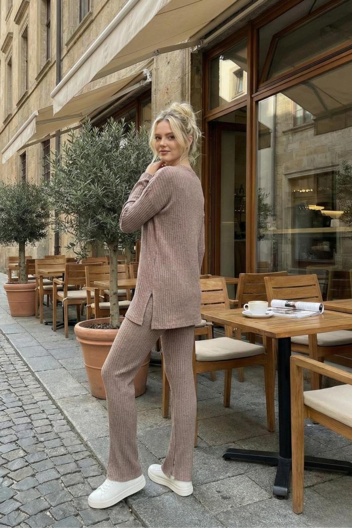 Pamuklu Fitilli Kadın Bluz Pantolon İkili Takım