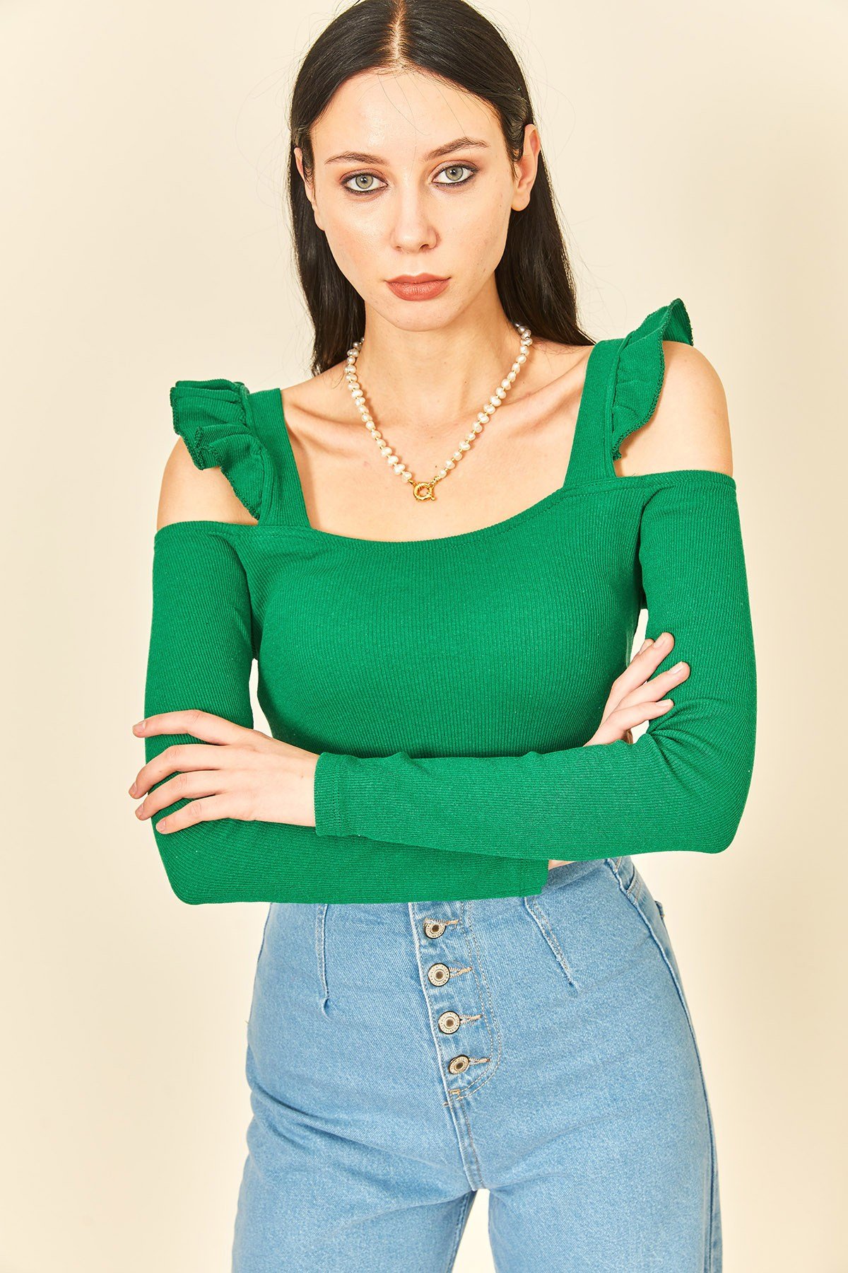 Parlak Yeşil Kaşkorse Fırfırlı Kol Body