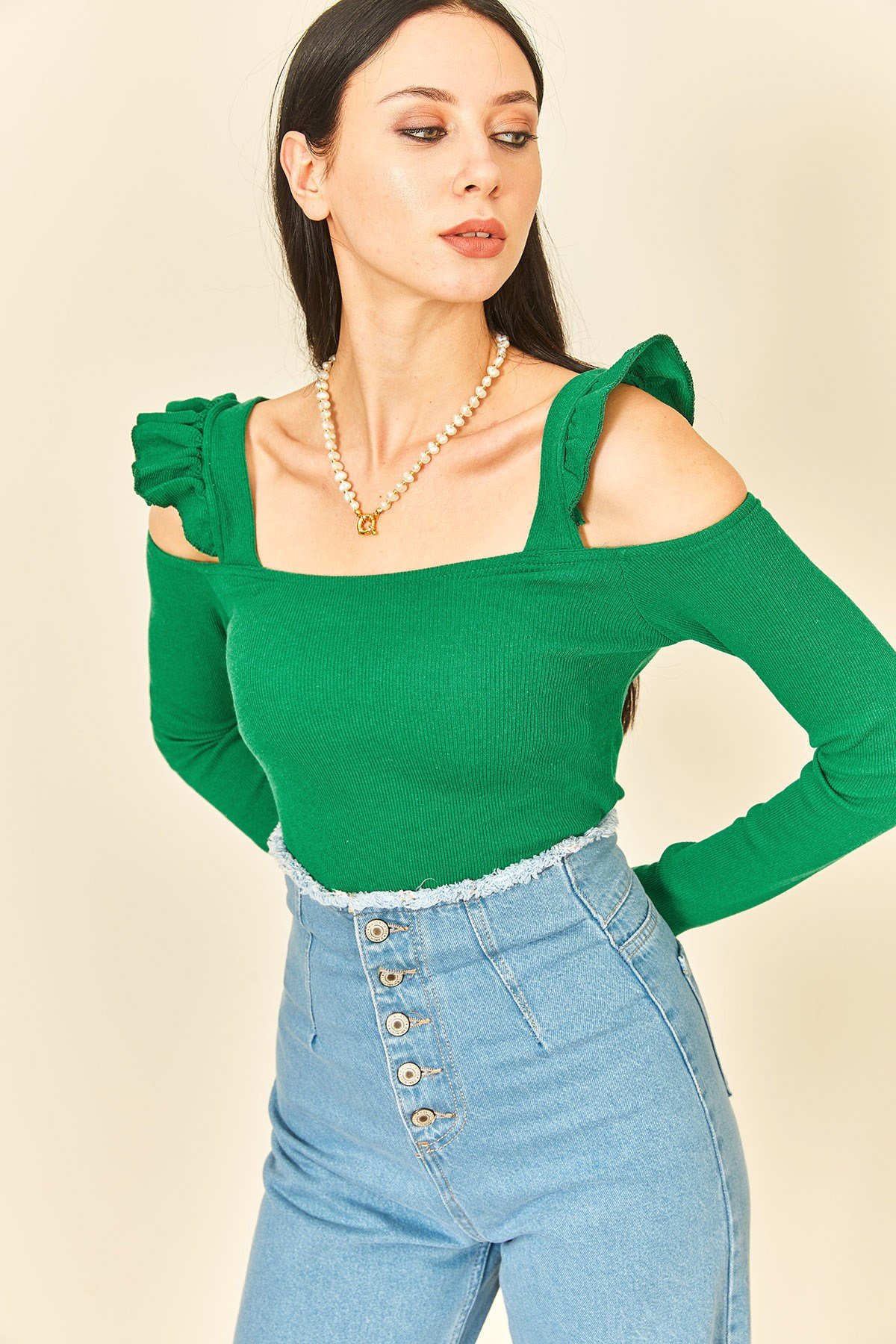 Parlak Yeşil Kaşkorse Fırfırlı Kol Body