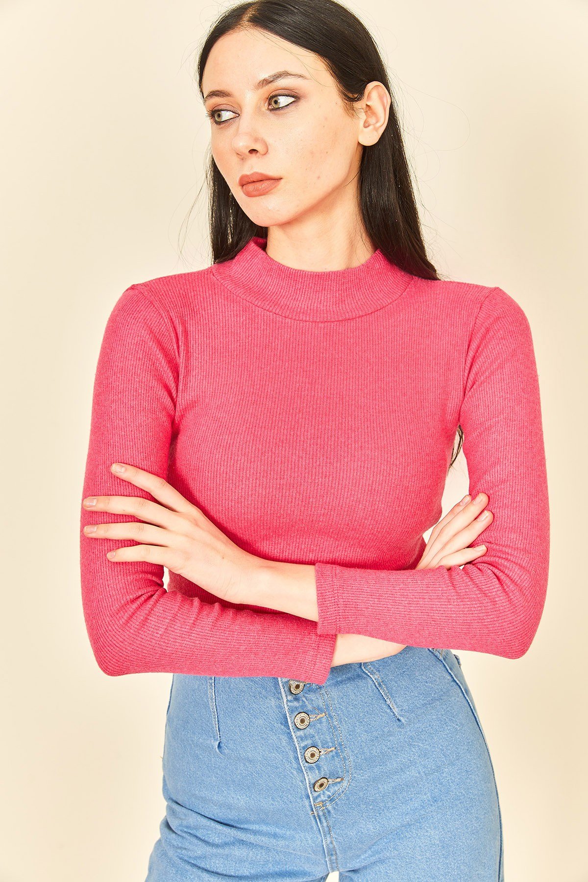 Parlak Yeşil Kaşkorse Uzun Kollu Yarım Balıkçı Yaka Body