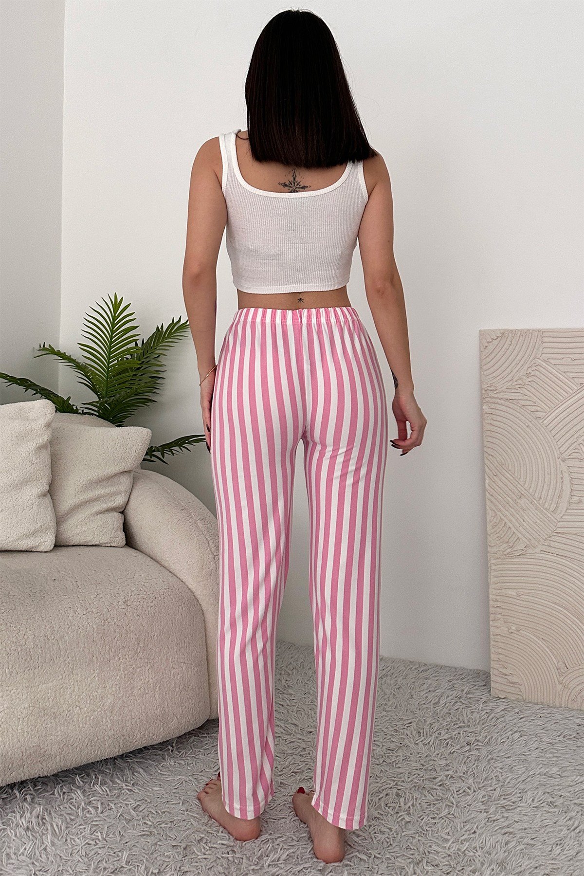 Pembe Beyaz Süet Pamuklu Çizgili Kadın Pijama Alt