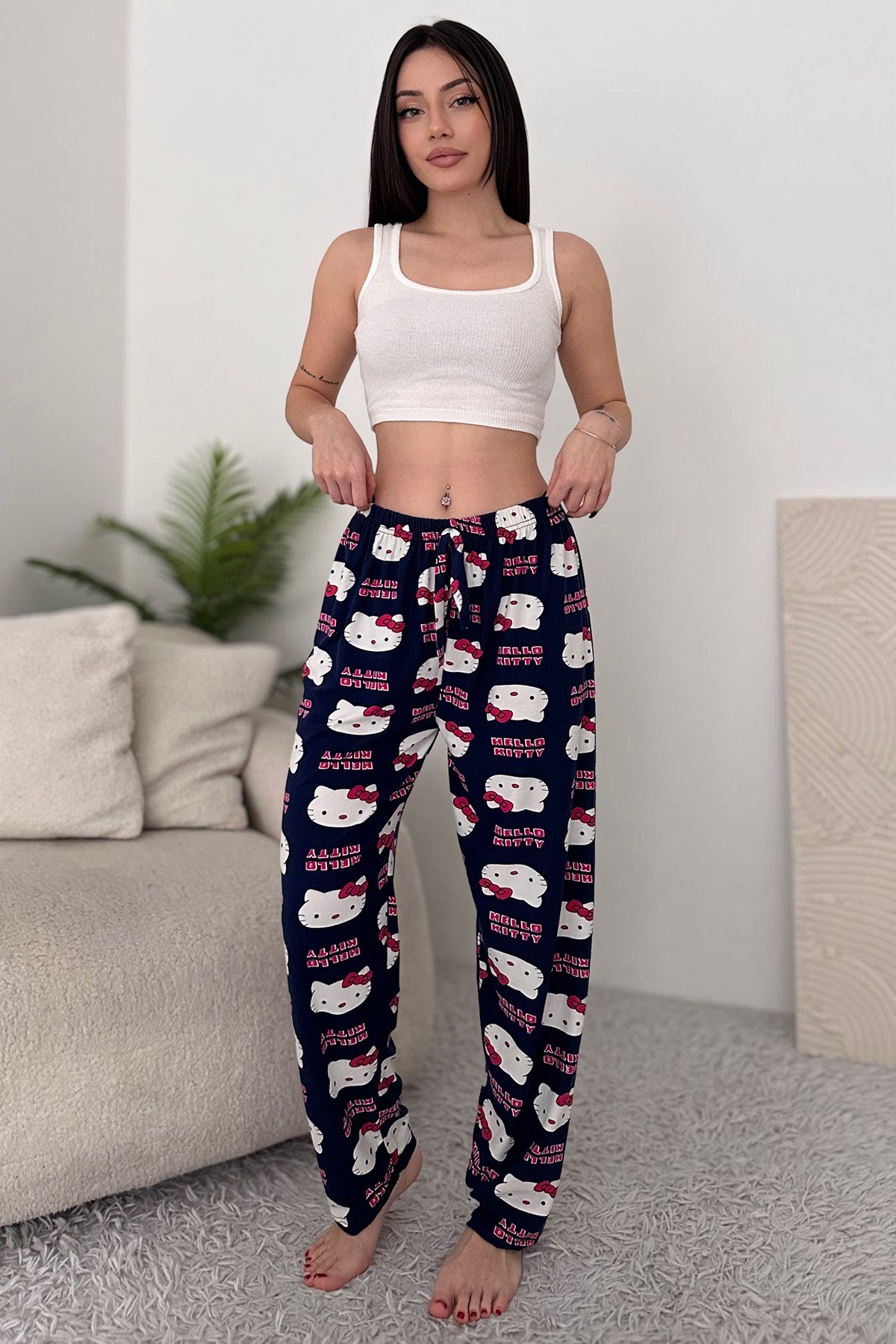 Pembe Beyaz Süet Pamuklu Çizgili Kadın Pijama Alt
