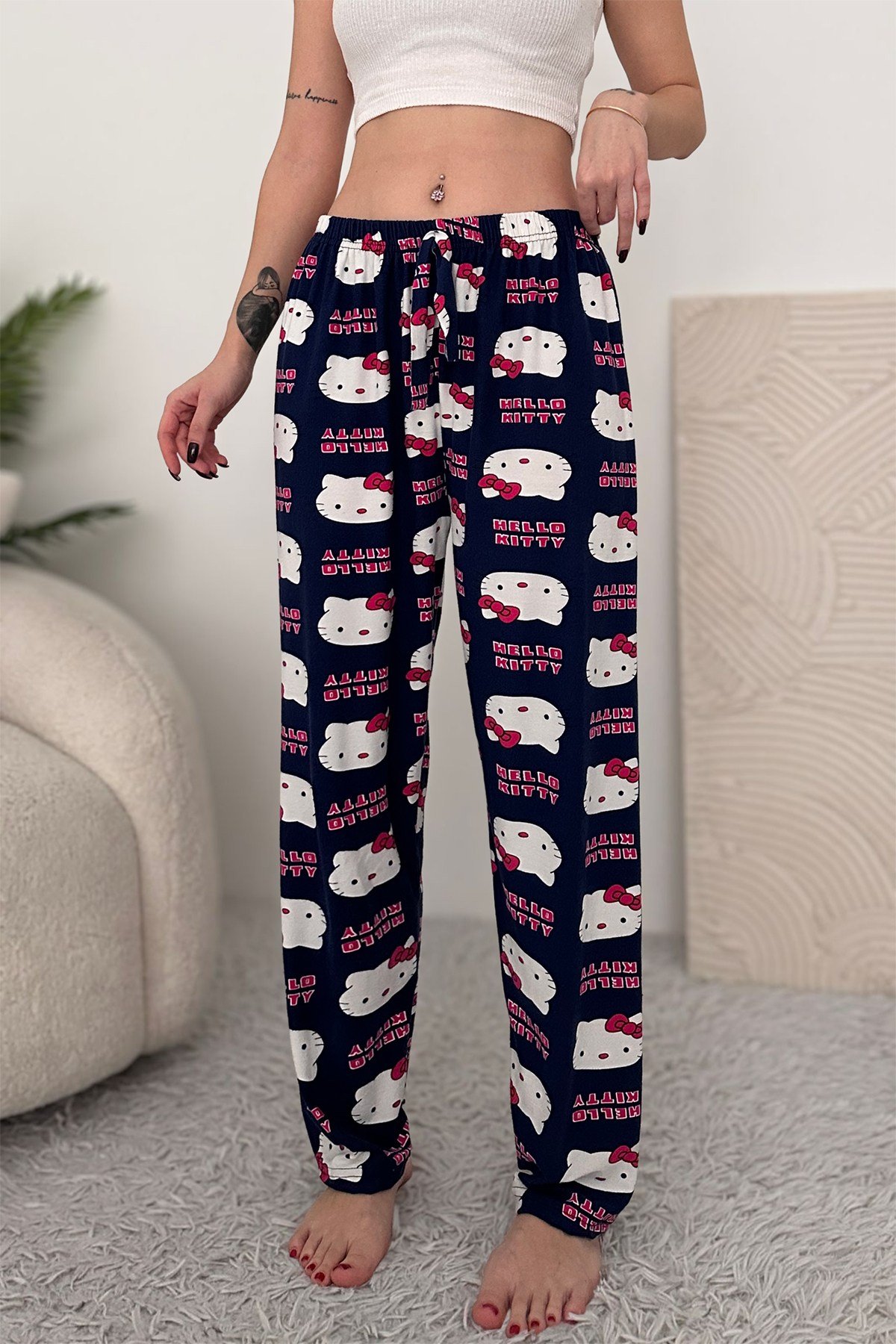 Pembe Beyaz Süet Pamuklu Çizgili Kadın Pijama Alt
