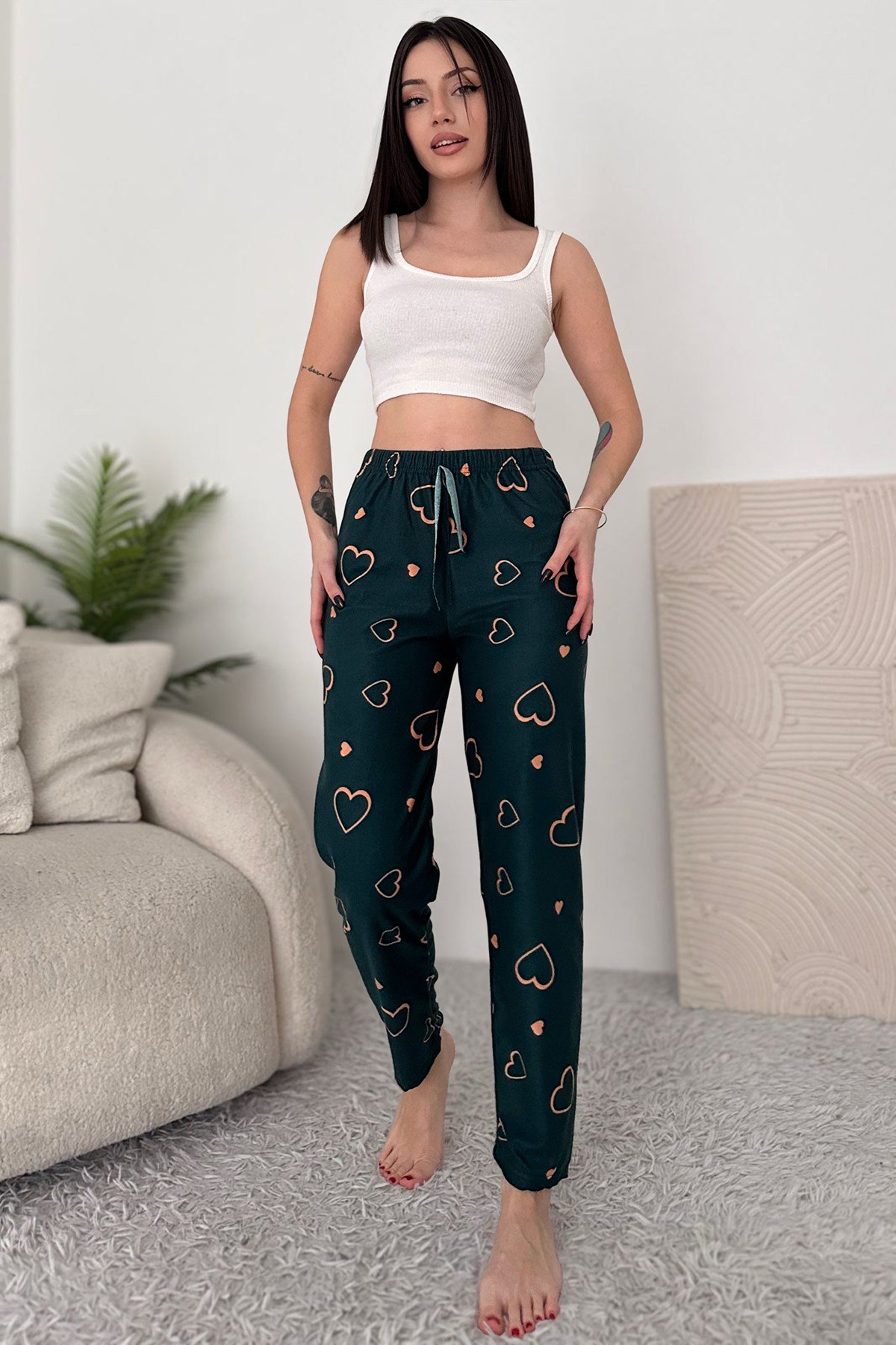 Pembe Beyaz Süet Pamuklu Çizgili Kadın Pijama Alt