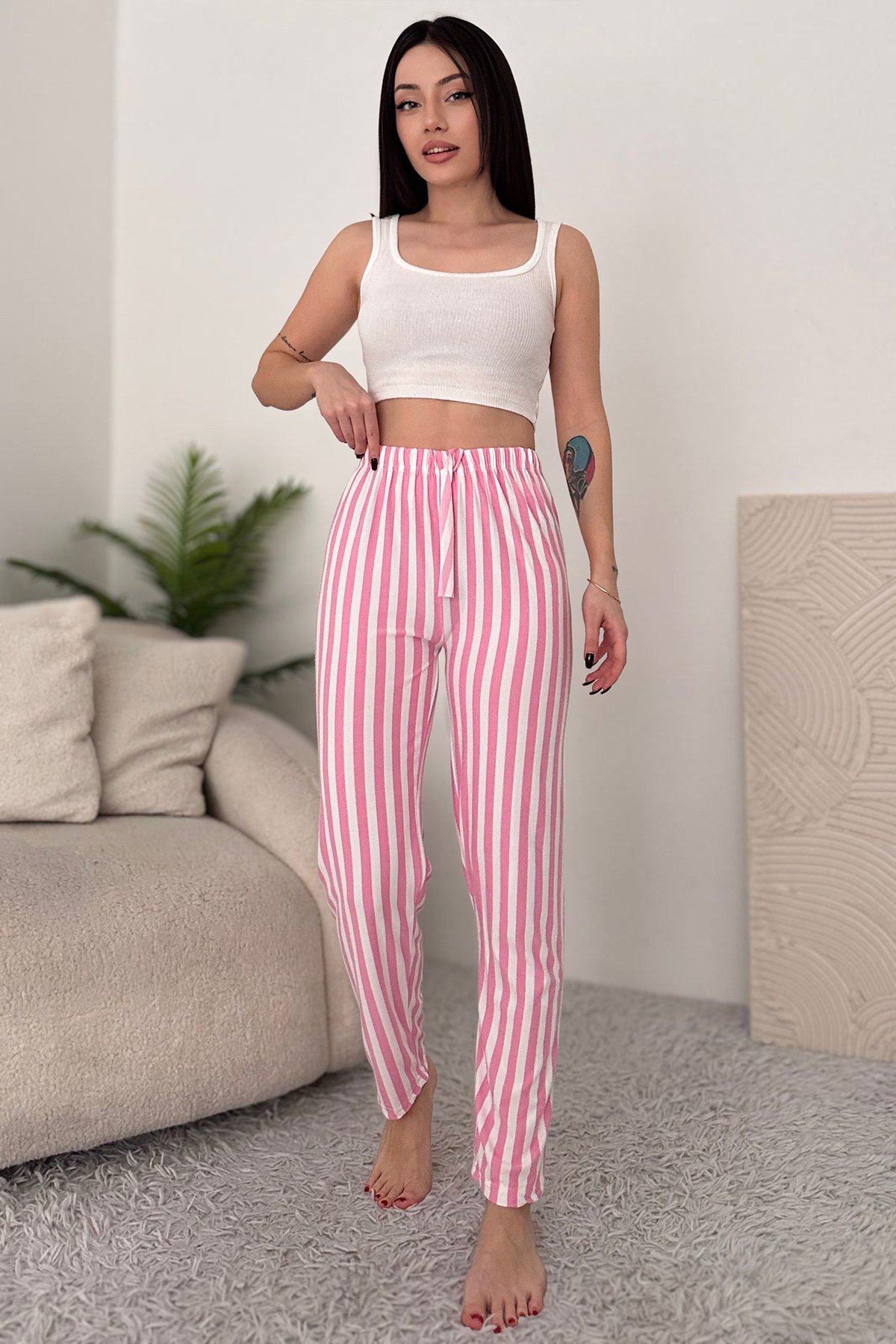 Pembe Beyaz Süet Pamuklu Çizgili Kadın Pijama Alt