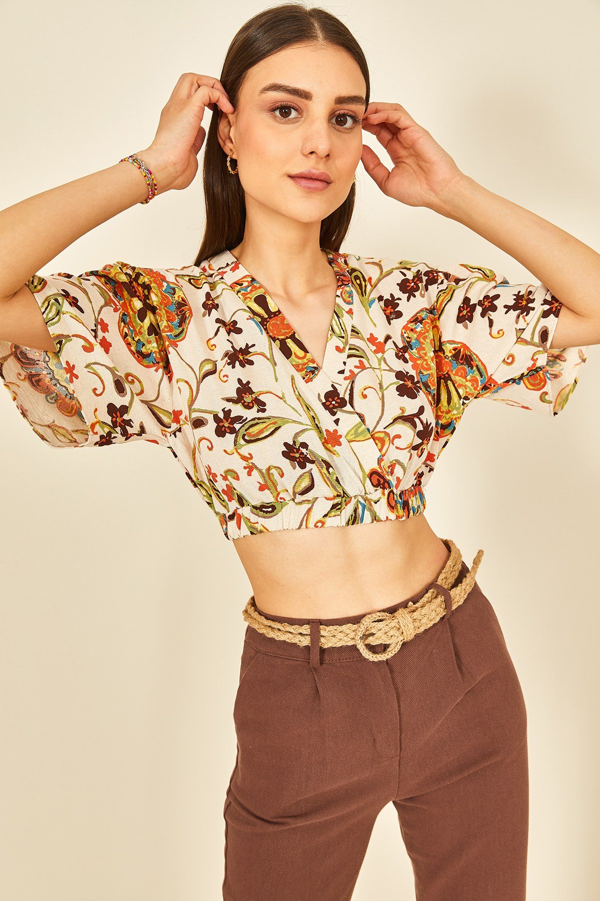Renkli Baskılı Keten Crop Bluz