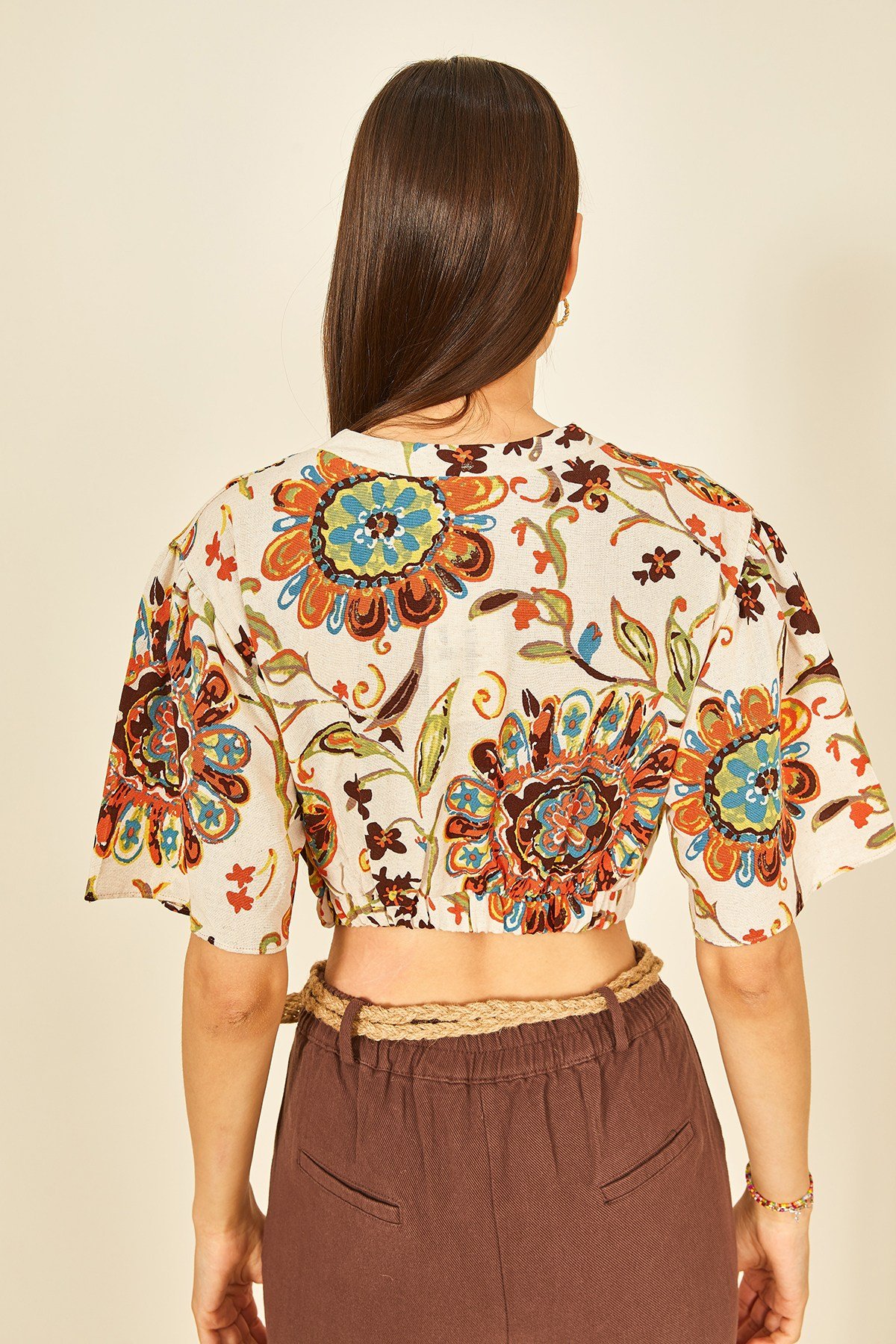 Renkli Baskılı Keten Crop Bluz