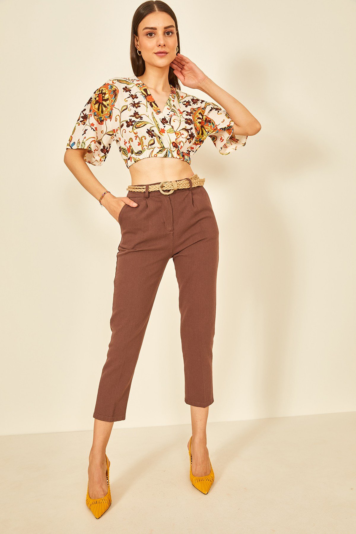 Renkli Baskılı Keten Crop Bluz