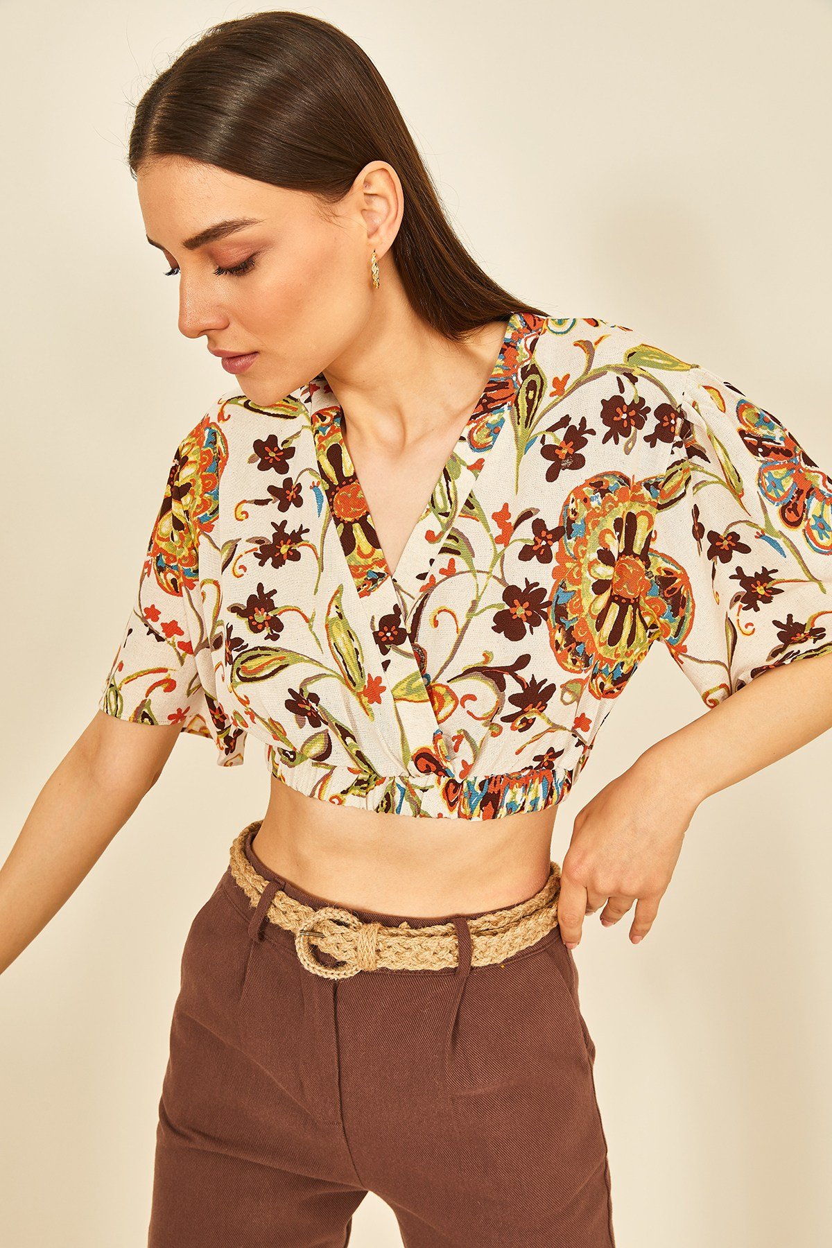 Renkli Baskılı Keten Crop Bluz