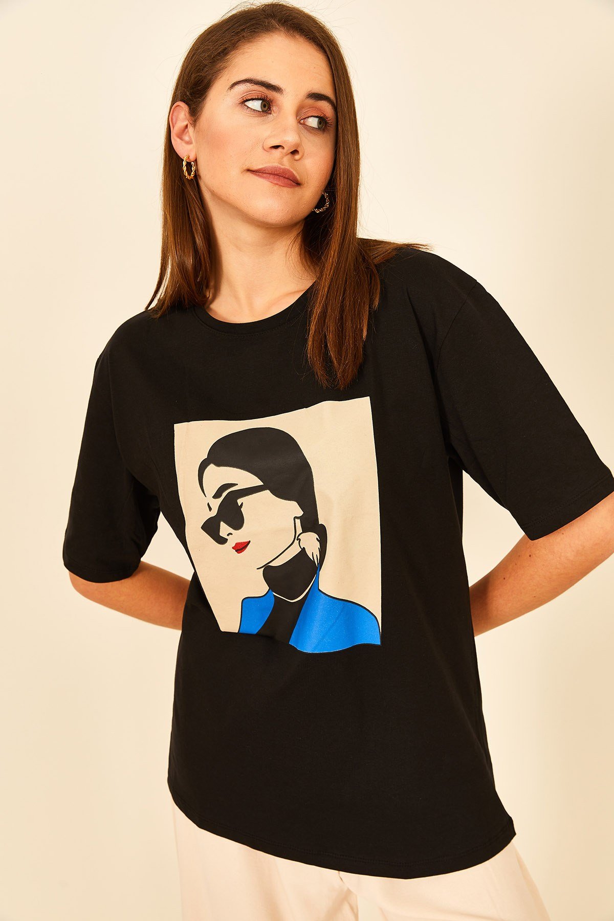 Renkli Baskılı Oversize Kadın Tişört
