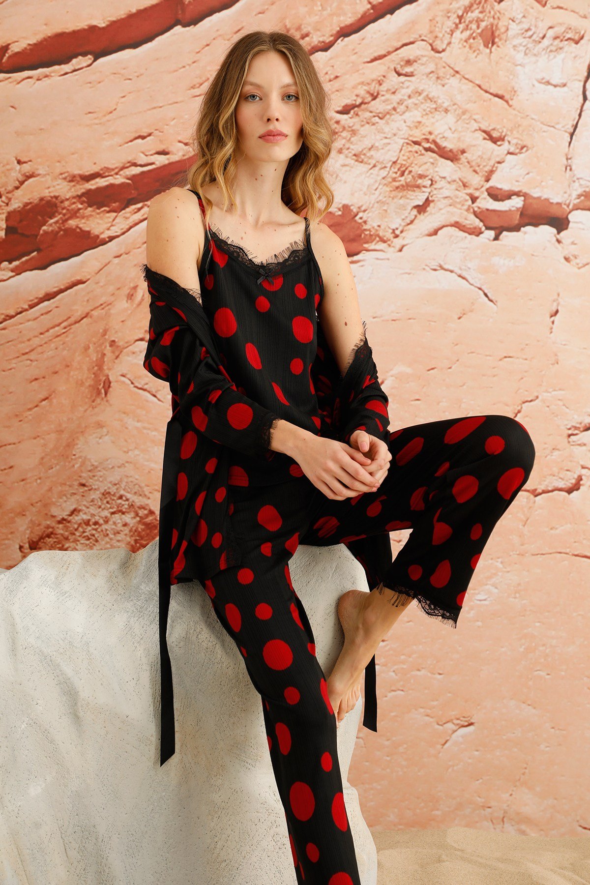 Sarı Siyah Üçlü Kadın Pijama Takımı