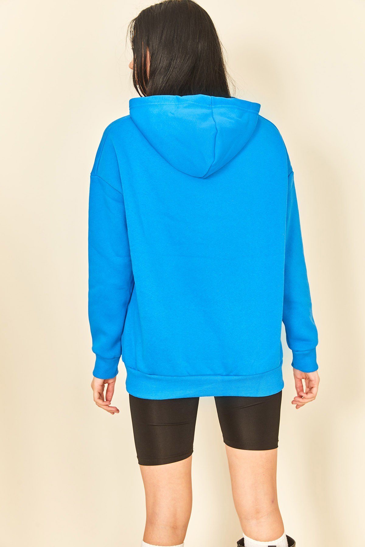 Siyah Baskılı Kapüşonlu Kanguru Cep Kadın Sweatshirt