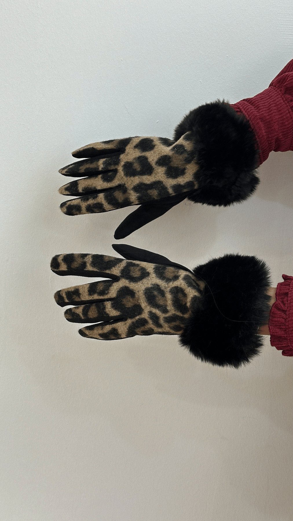 Bileği Kürklü Kahverengi Leopar Desen Eldiven